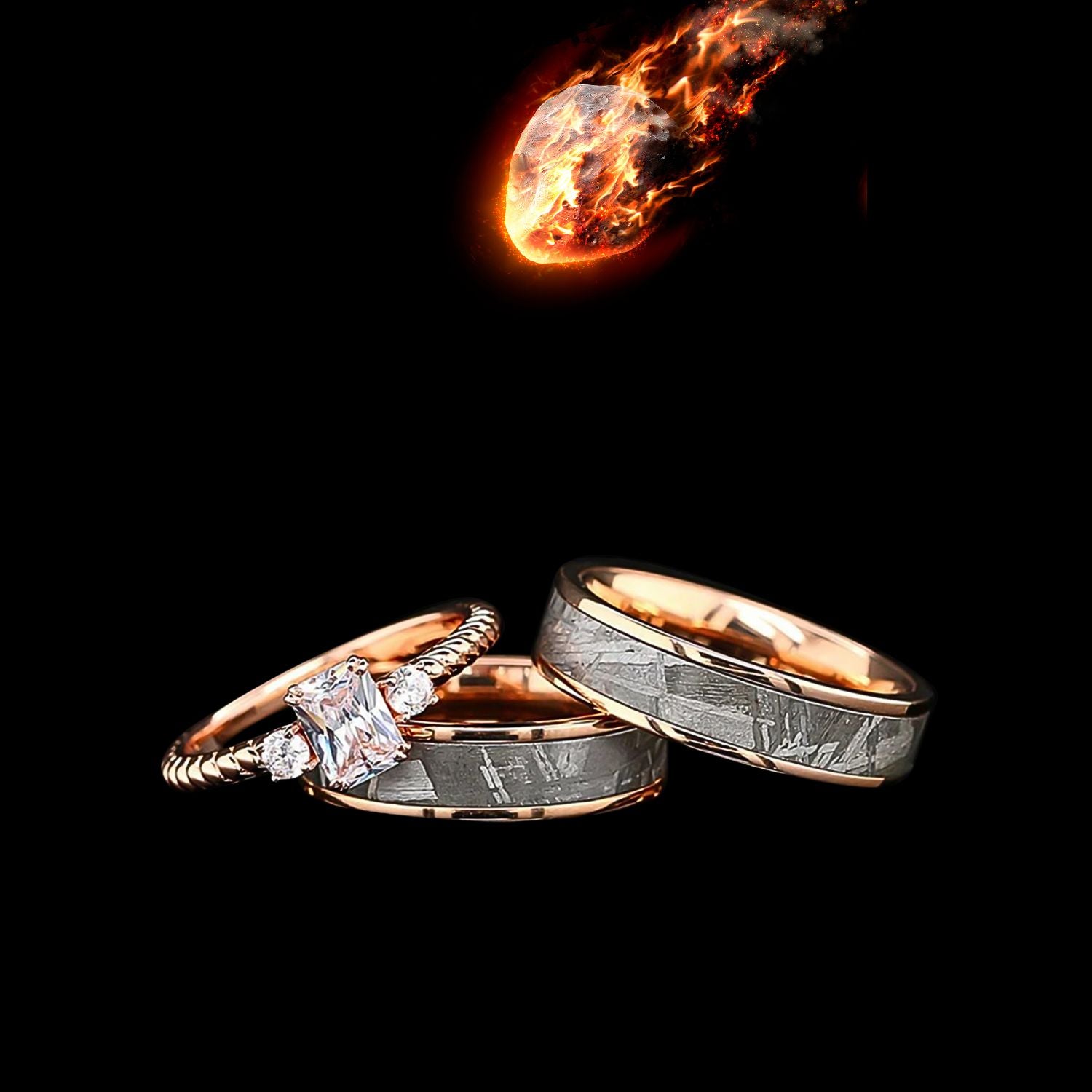 Celestial Unity - 3-Piece Gold & Meteorite Couple Ring Set – Gold over Sterling Silver Engagement Ring with Natural Meteorite Wedding Bands for Him and Her