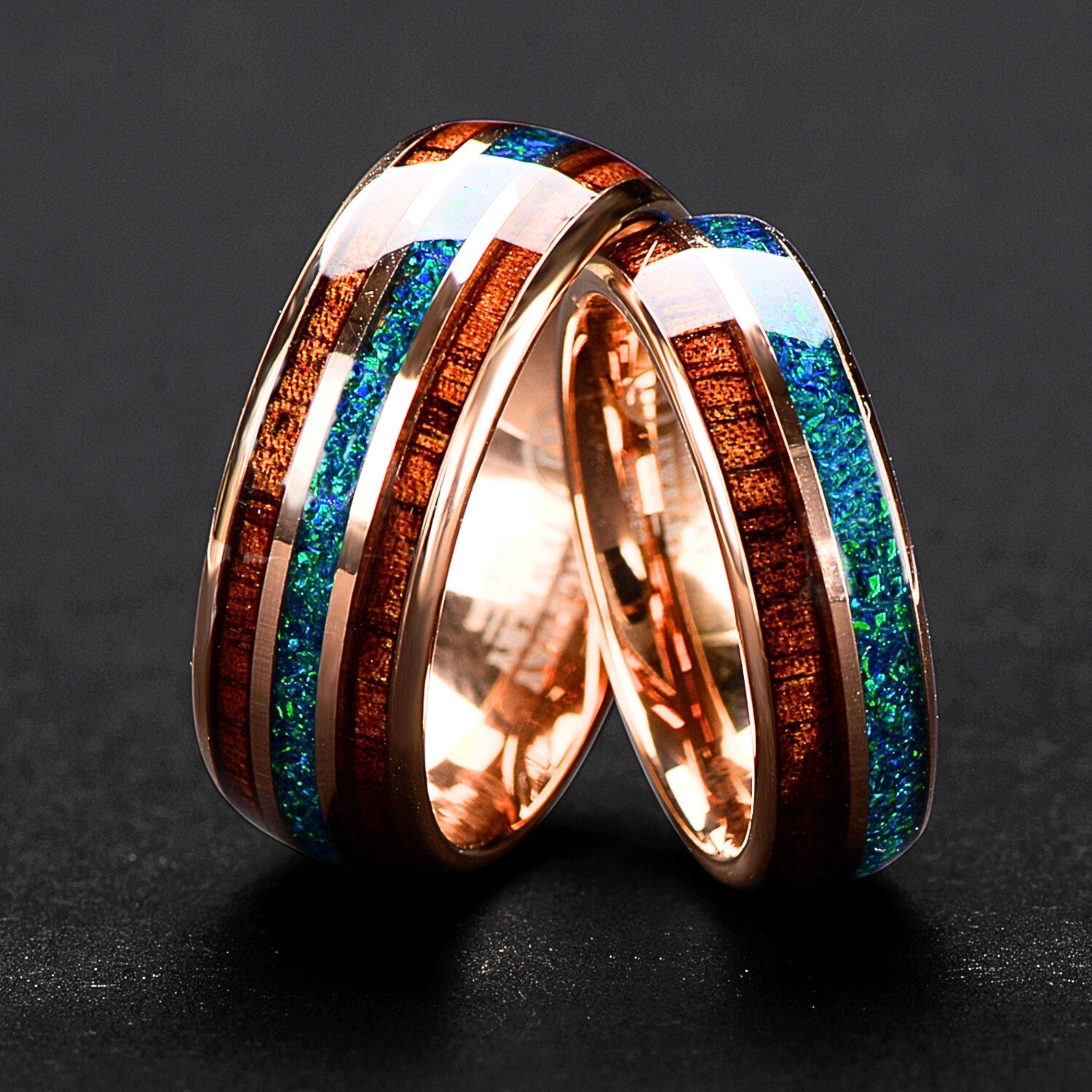 EMERALD FOREST - Lab Emerald and 1/2 CTW Natural Diamonds, Opal & Wood | 14K Gold & Tungsten Wedding Ring Set | Made to Order