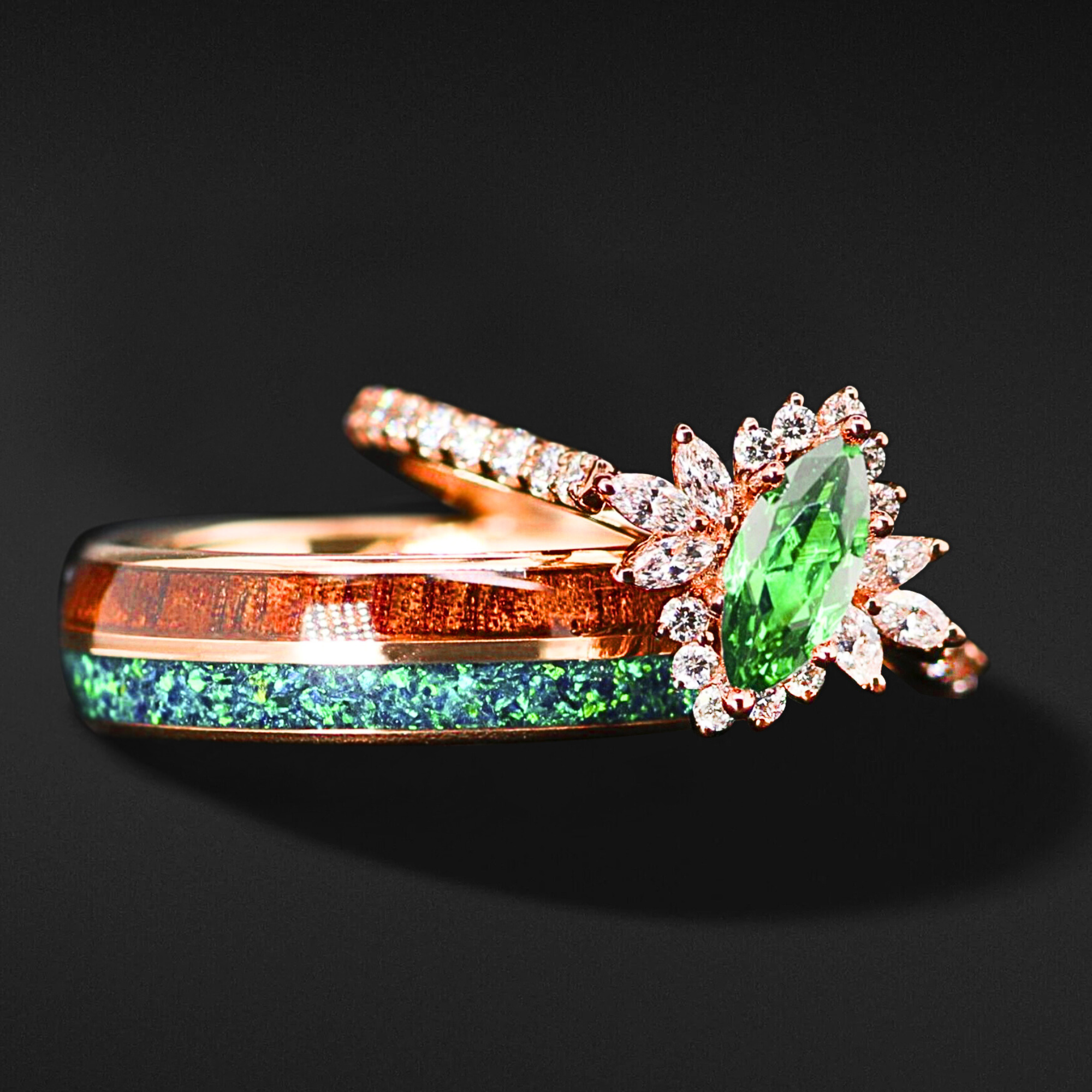 EMERALD FOREST - Lab Emerald and 1/2 CTW Natural Diamonds, Opal & Wood | 14K Gold & Tungsten Wedding Ring Set | Made to Order