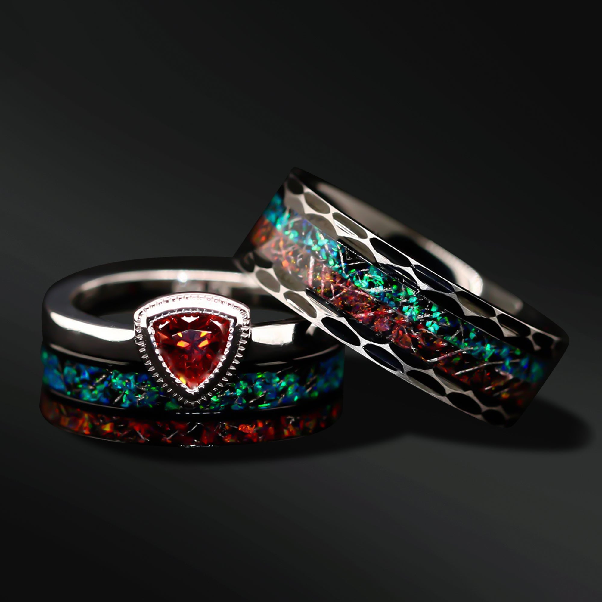 VolcanicBond Duo Set - Opal Engagement Wedding Ring Set | His and Her Ring Set