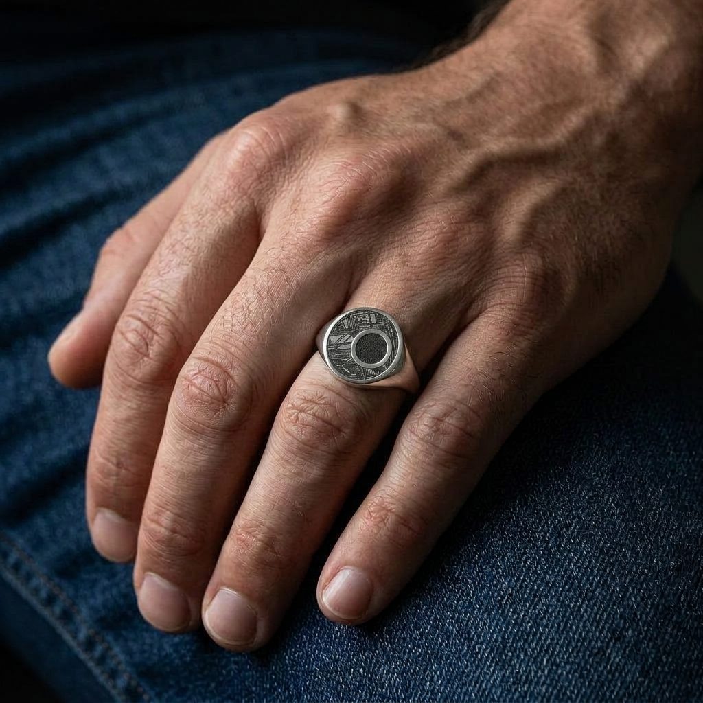 Crater - Lunar Meteorite in Black Aletai - Signet Ring