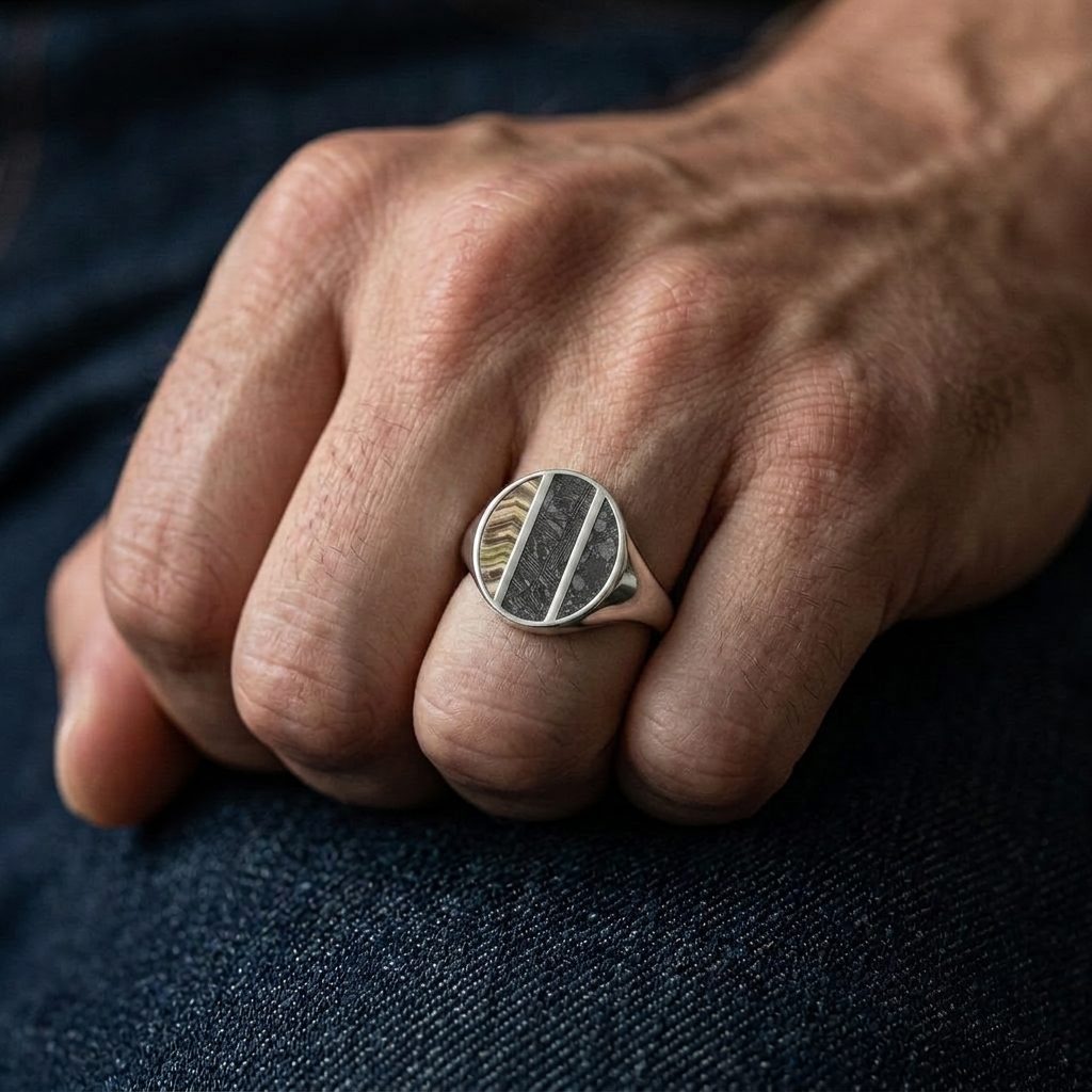 Epoch - Three Meteorite & Fossil Inlays - Signet Ring