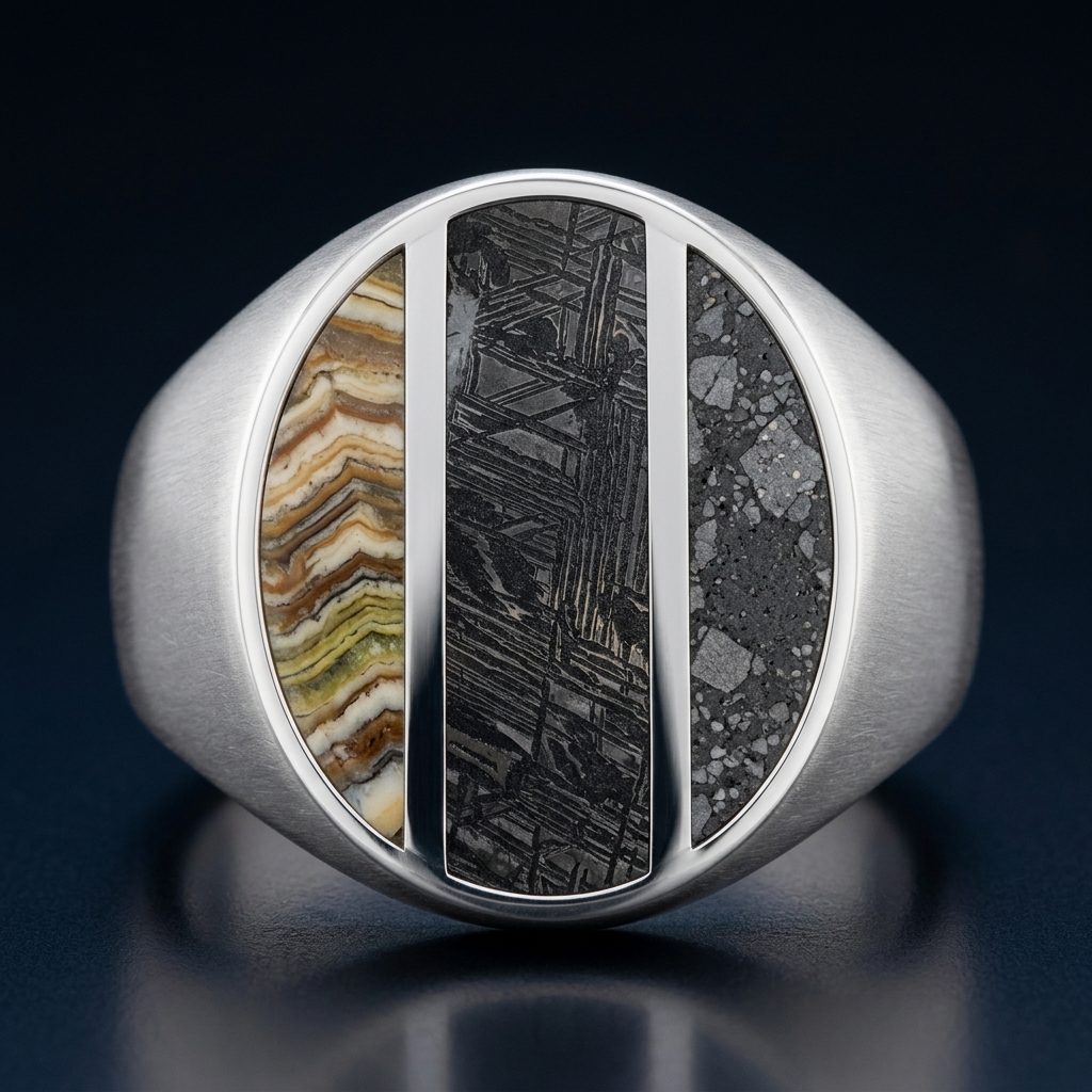 Epoch - Three Meteorite & Fossil Inlays - Signet Ring