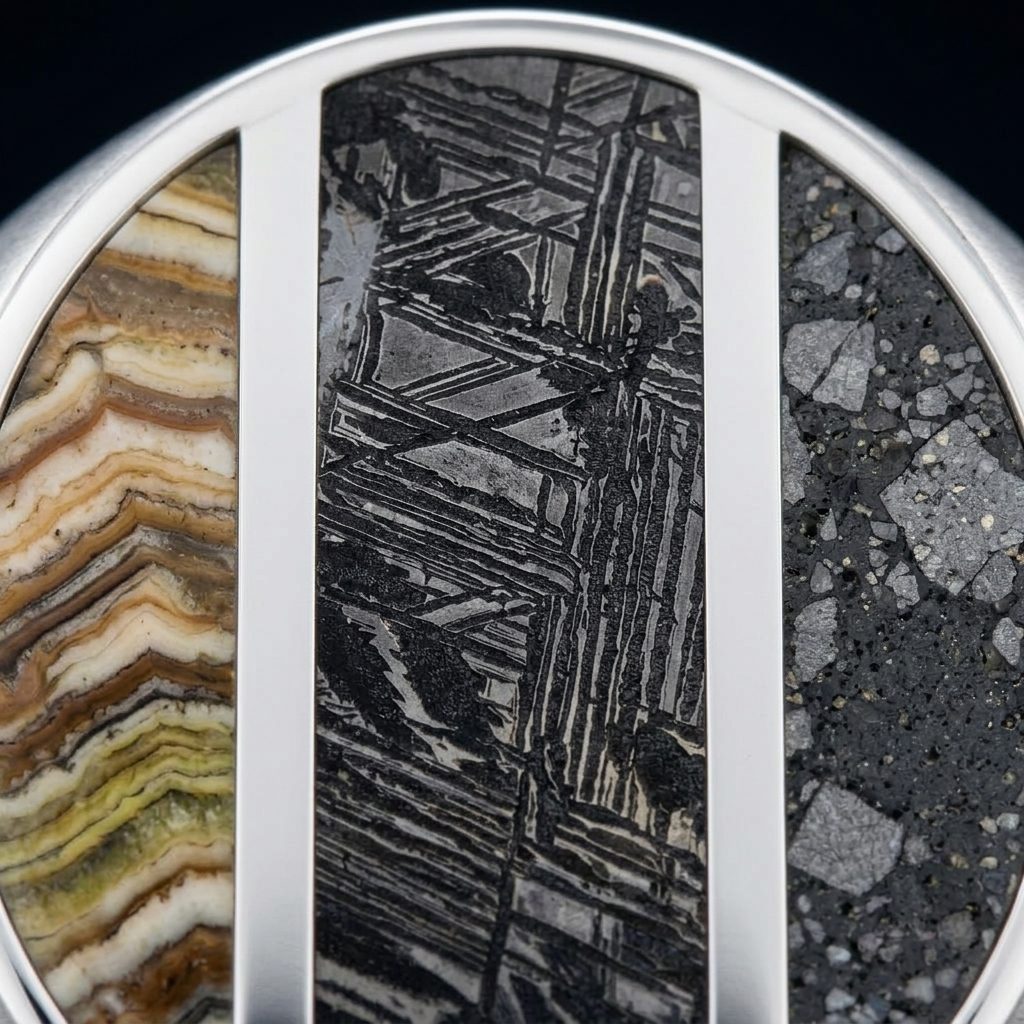 Epoch - Three Meteorite & Fossil Inlays - Signet Ring