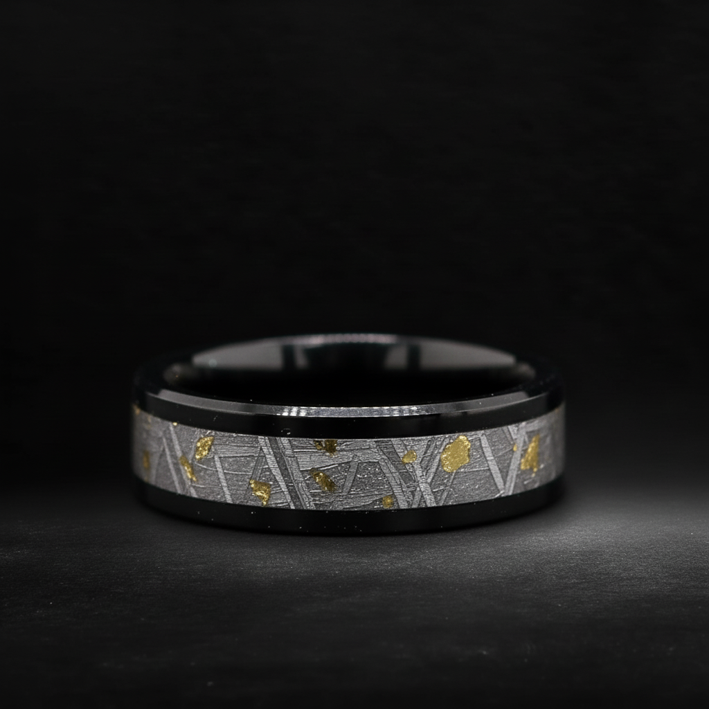Meteor Bound - Asteroid Wedding Band for men | Tungsten | Muonionalusta Meteorite & Gold foil Ring for him