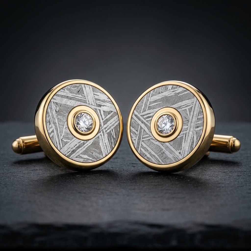 Pulsar Round - Muonionalusta Meteorite and Moissanite - Cufflinks