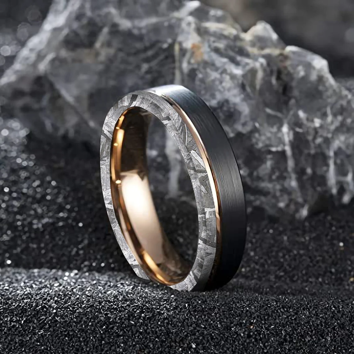 COSMO TRIO SET | NATURAL METEORITE ENGAGEMENT WEDDING RING SET FOR HIM AND HER | KITE GALAXY DIAMOND RING FOR HER | MENS TUNGSTEN RING