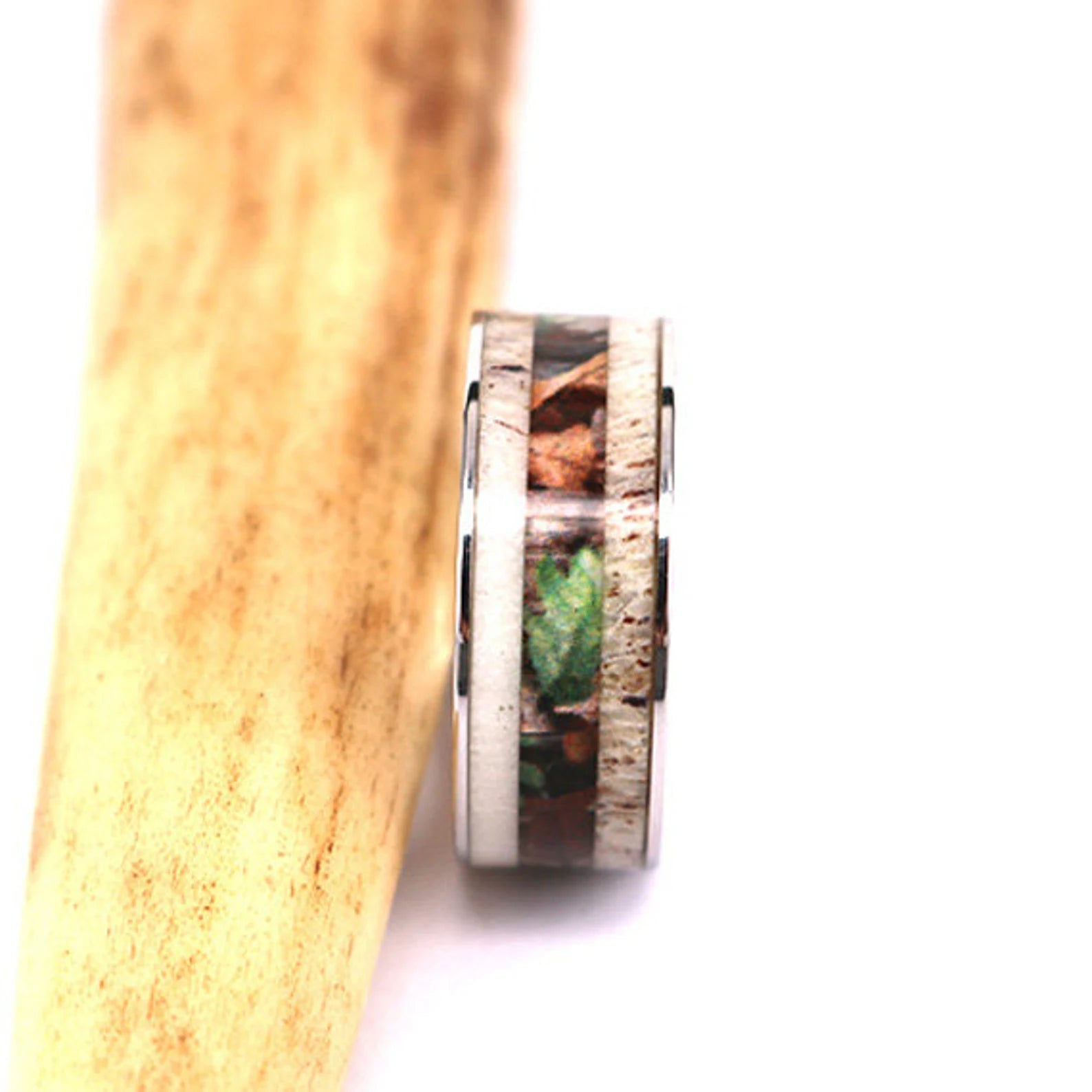 Natural Deer Antler Ring Camo Ring |Stainless Steel | Hypoallergenic Hunter Ring