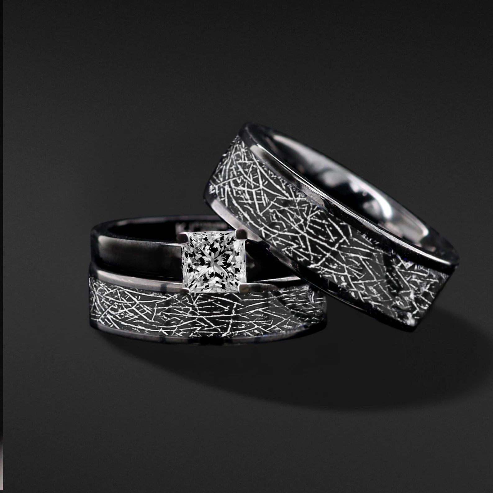 His & Hers Engagement ring and Tungsten Wedding Bands with Inlaid Meteorite Replica