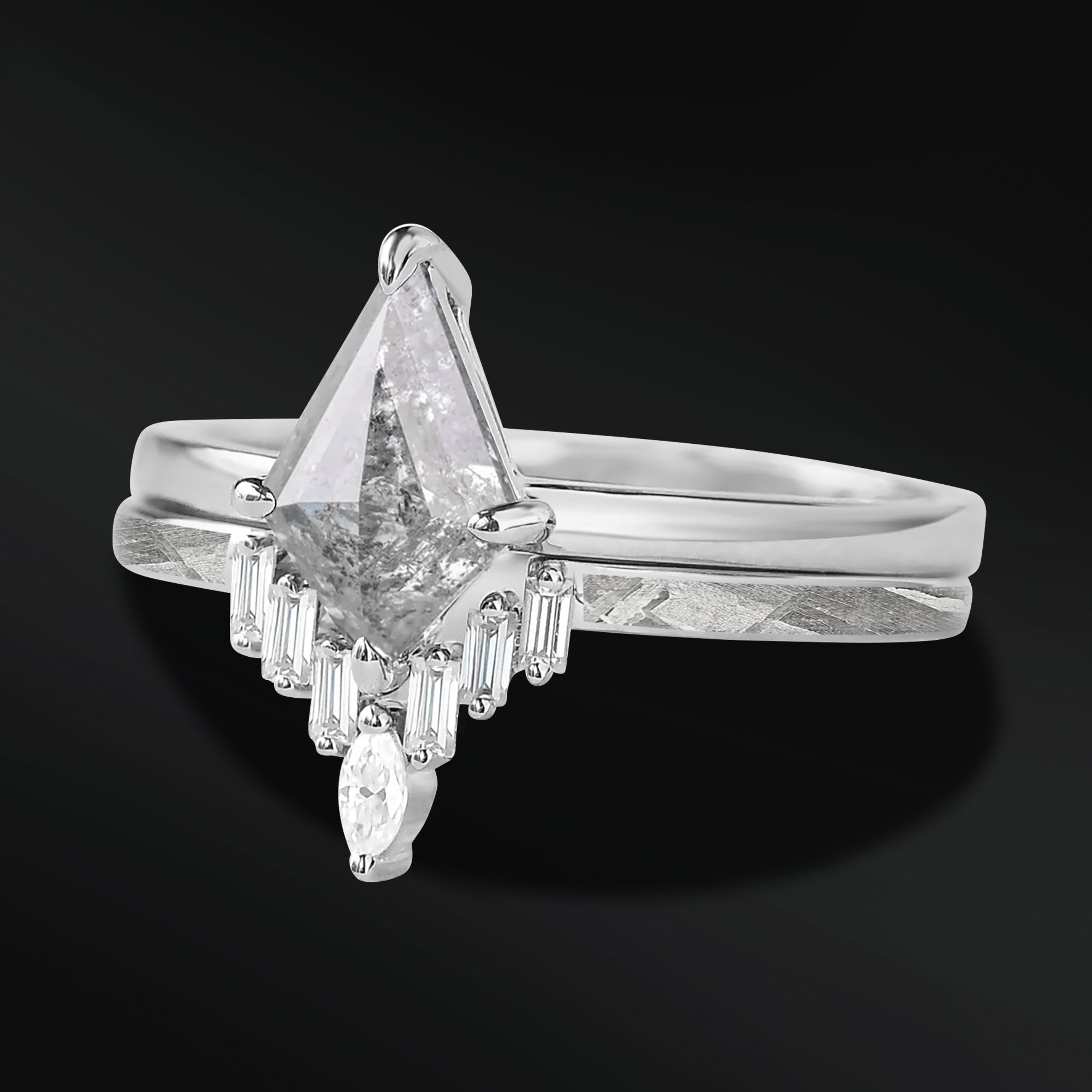 SOFIA - 14K GOLD or Sterling silver Bridal SET | NATURAL METEORITE Engagement Ring | KITE GALAXY DIAMOND RING