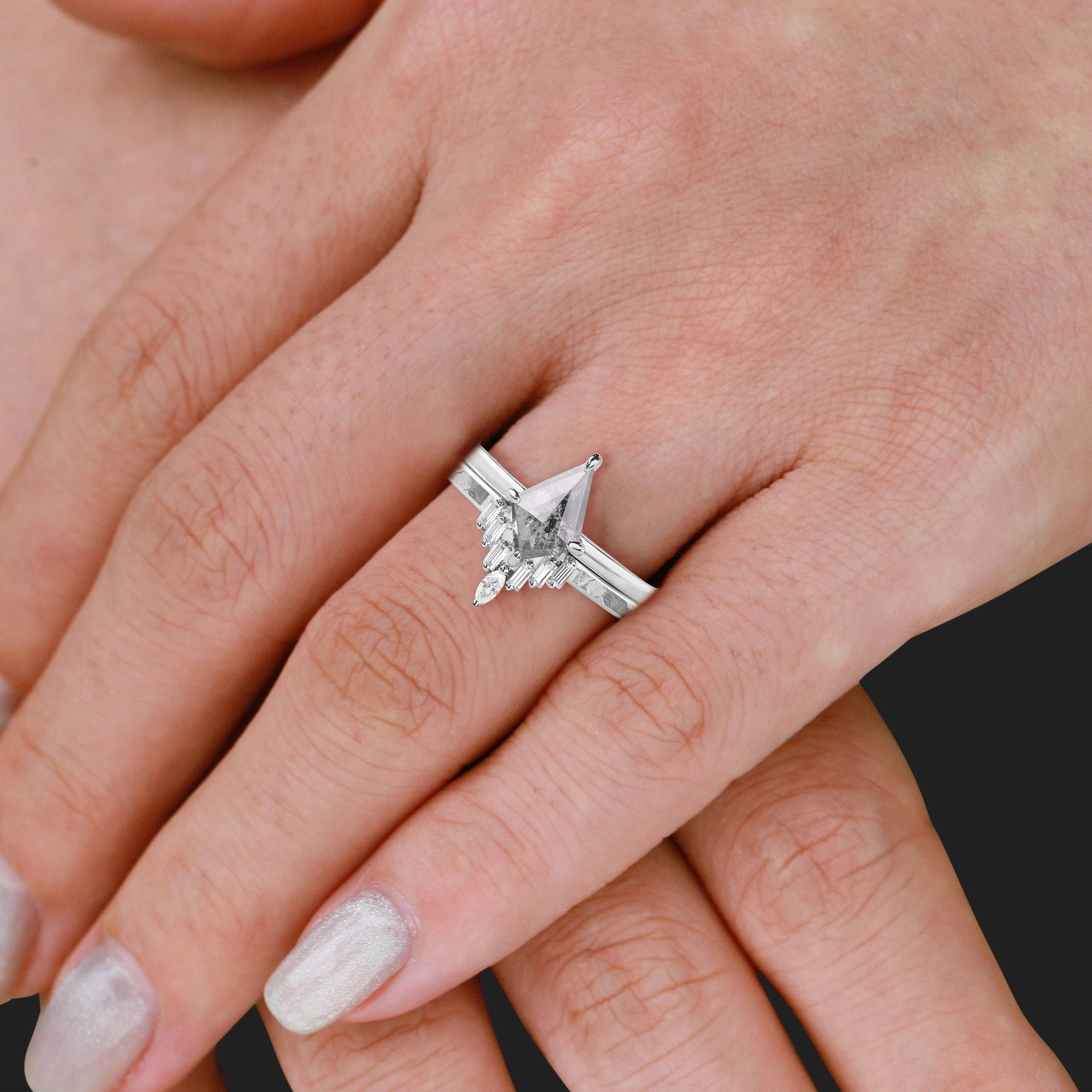 SOFIA - 14K GOLD or Sterling silver Bridal SET | NATURAL METEORITE Engagement Ring | KITE GALAXY DIAMOND RING