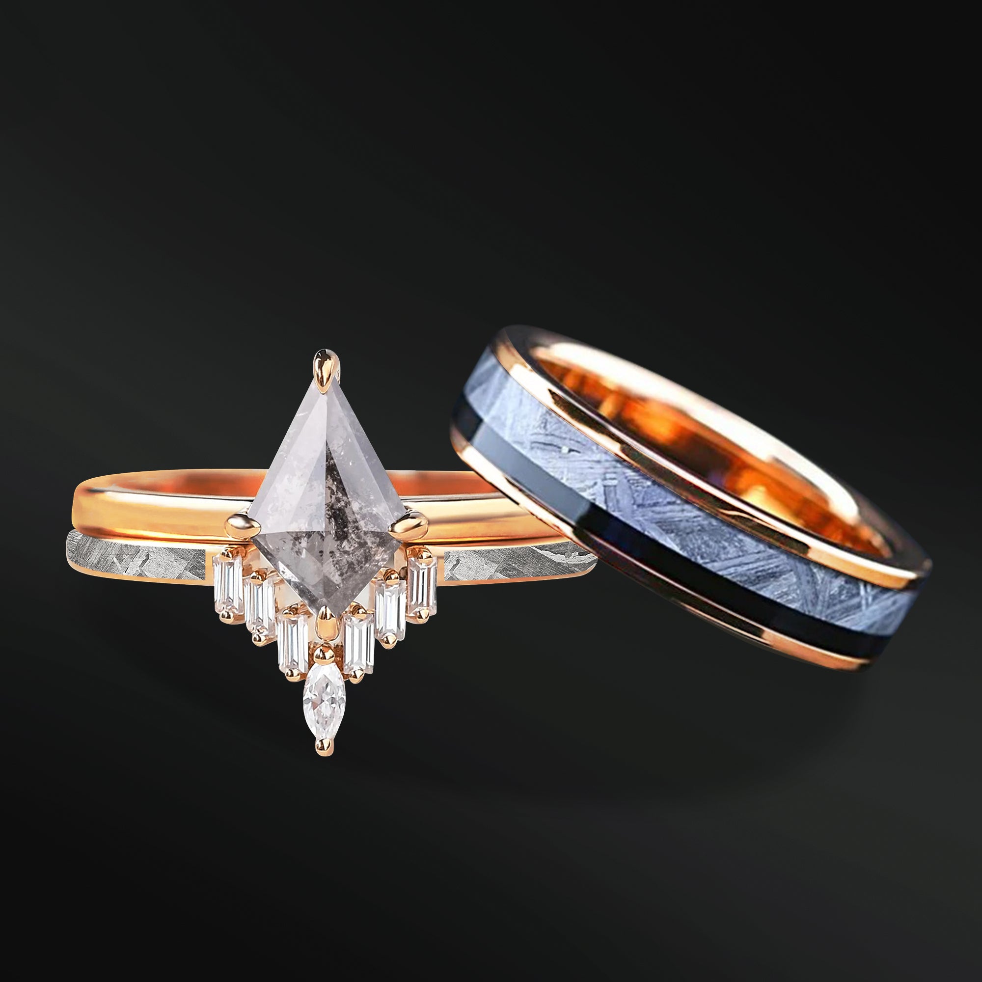 SOFIA's secret | Natural Meteorite Rings | His & Hers Gold Engagement Wedding Rings Set - Kite-Shaped Galaxy Diamond Ring