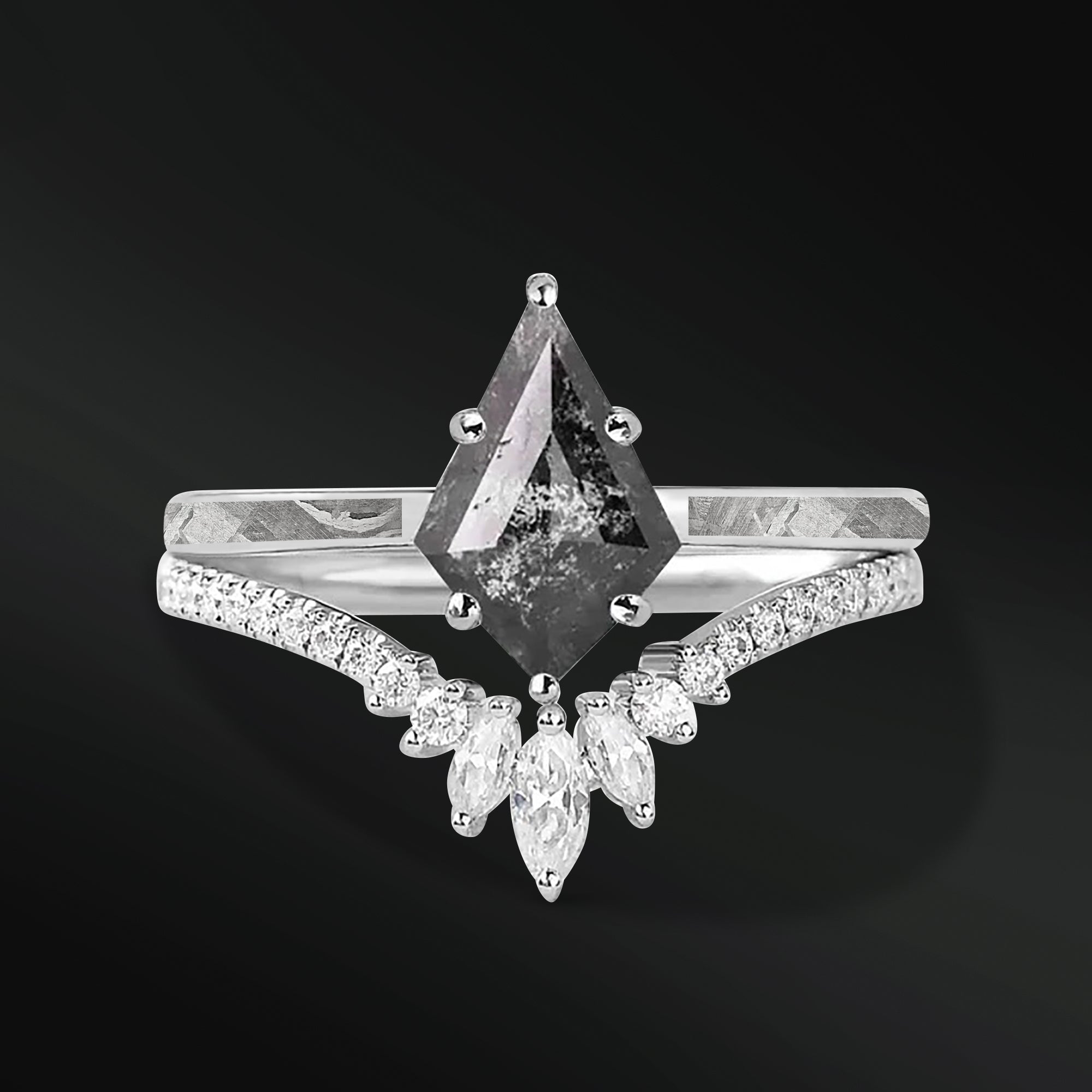 AZEELIA TRIO SET - ENGAGEMENT WEDDING RING SET | METEORITE & GALAXY DIAMOND KITE RING