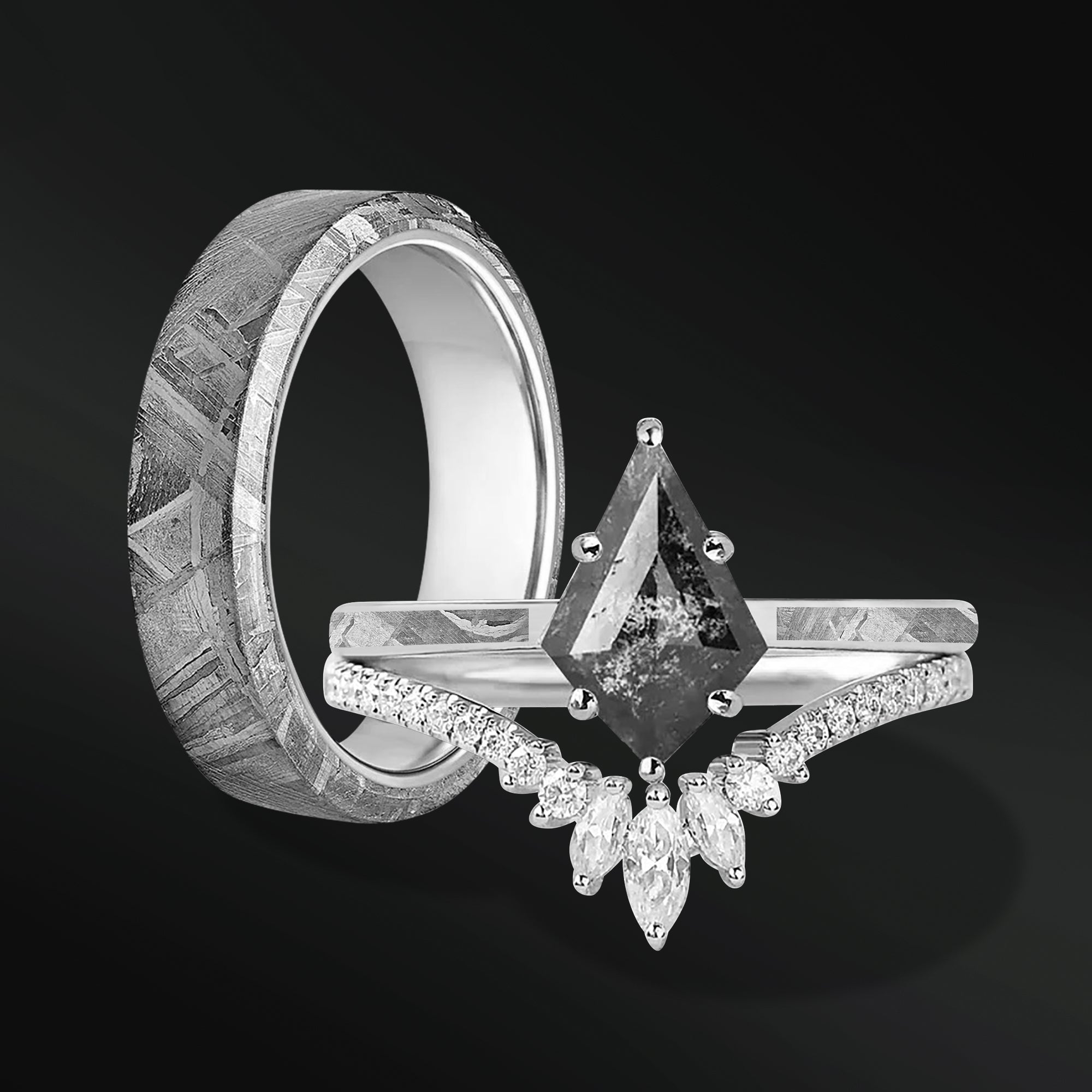 AZEELIA TRIO SET - ENGAGEMENT WEDDING RING SET | METEORITE & GALAXY DIAMOND KITE RING