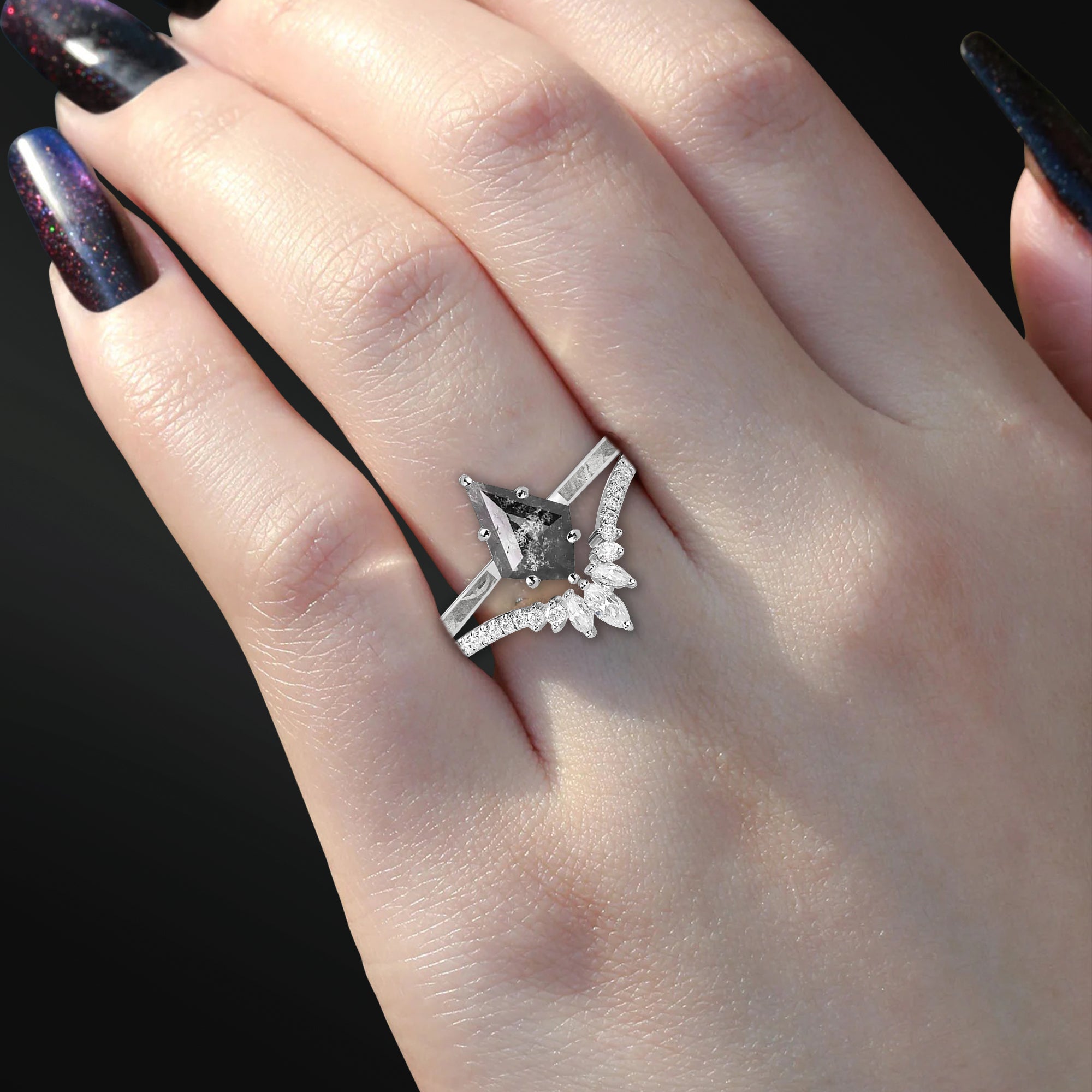 AZEELIA TRIO SET - ENGAGEMENT WEDDING RING SET | METEORITE & GALAXY DIAMOND KITE RING