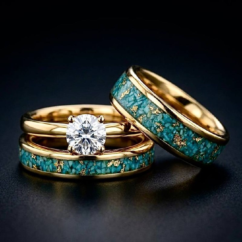 Ocean Gold — 3pc Turquoise Wedding Ring Set