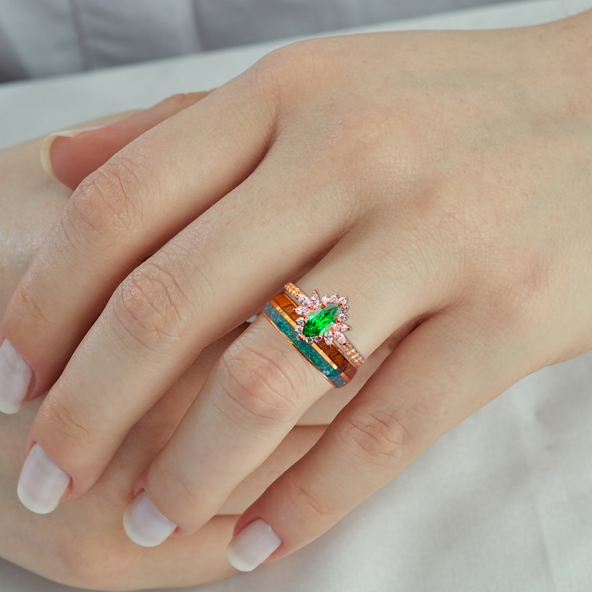EMERALD FOREST - Lab Emerald and 1/2 CTW Natural Diamonds, Opal & Wood | 14K Gold & Tungsten Wedding Ring Set | Made to Order