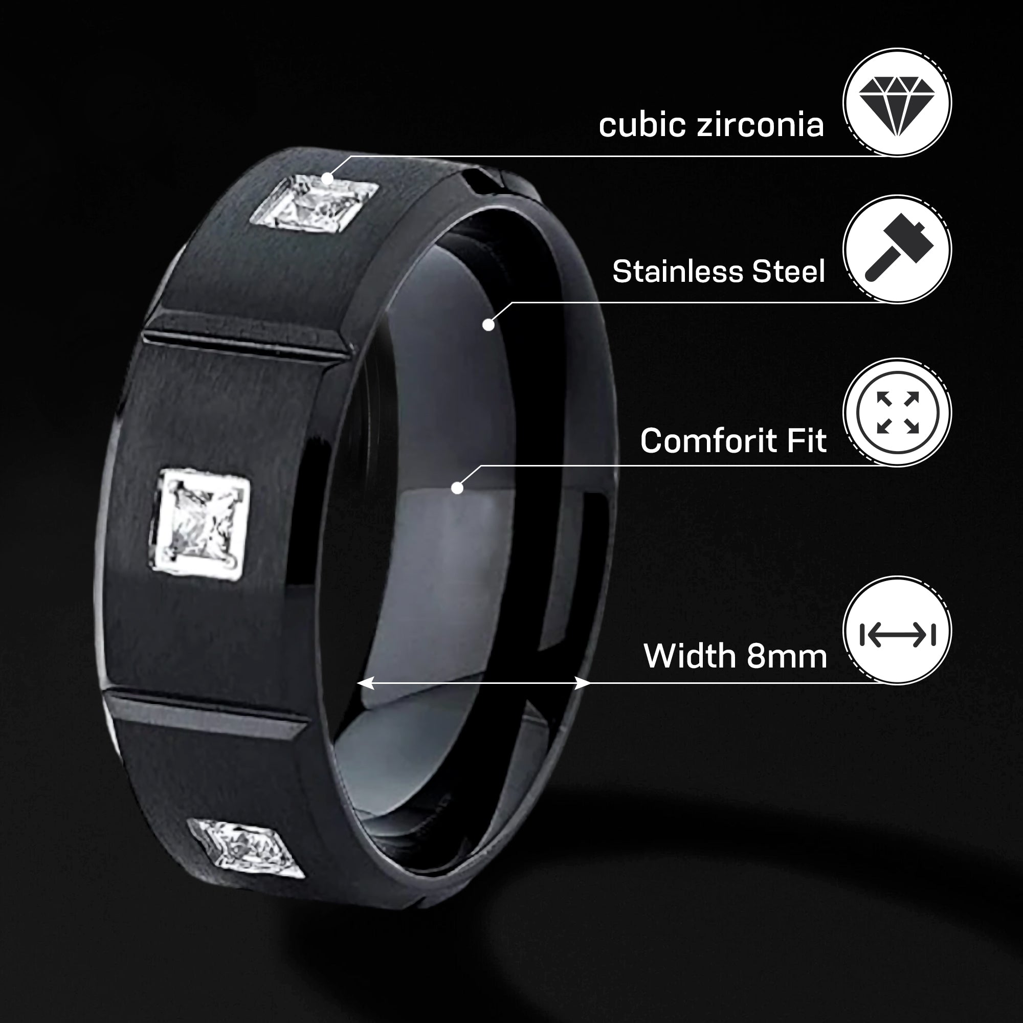 Black Stainless Steel Ring for Men | cubic zirconia Wedding Band for Men | 8mm