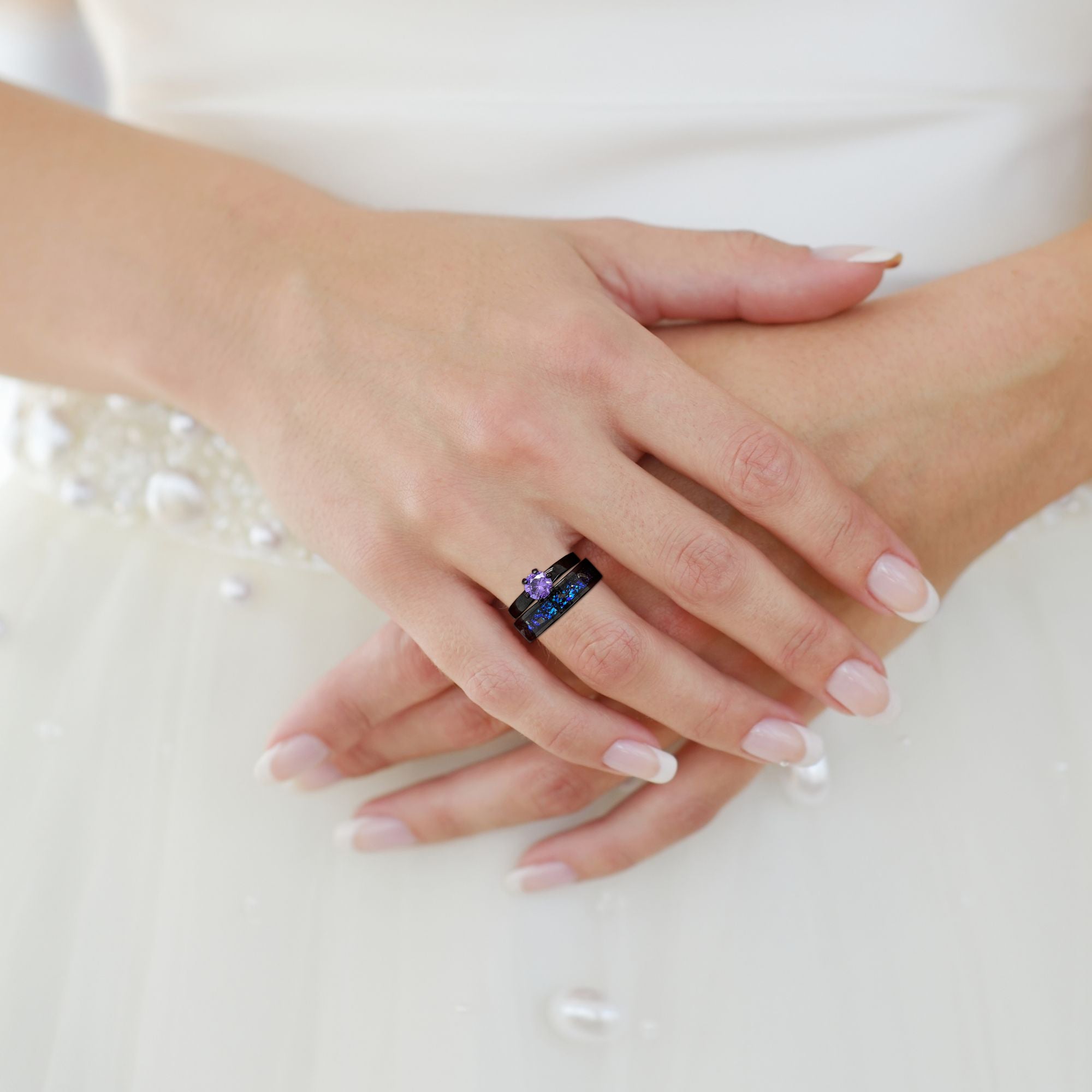 NEBULA Unique Engagement Wedding Rings Set | Natural Meteorite and Opal | Tungsten Wedding Bands for Him & Her