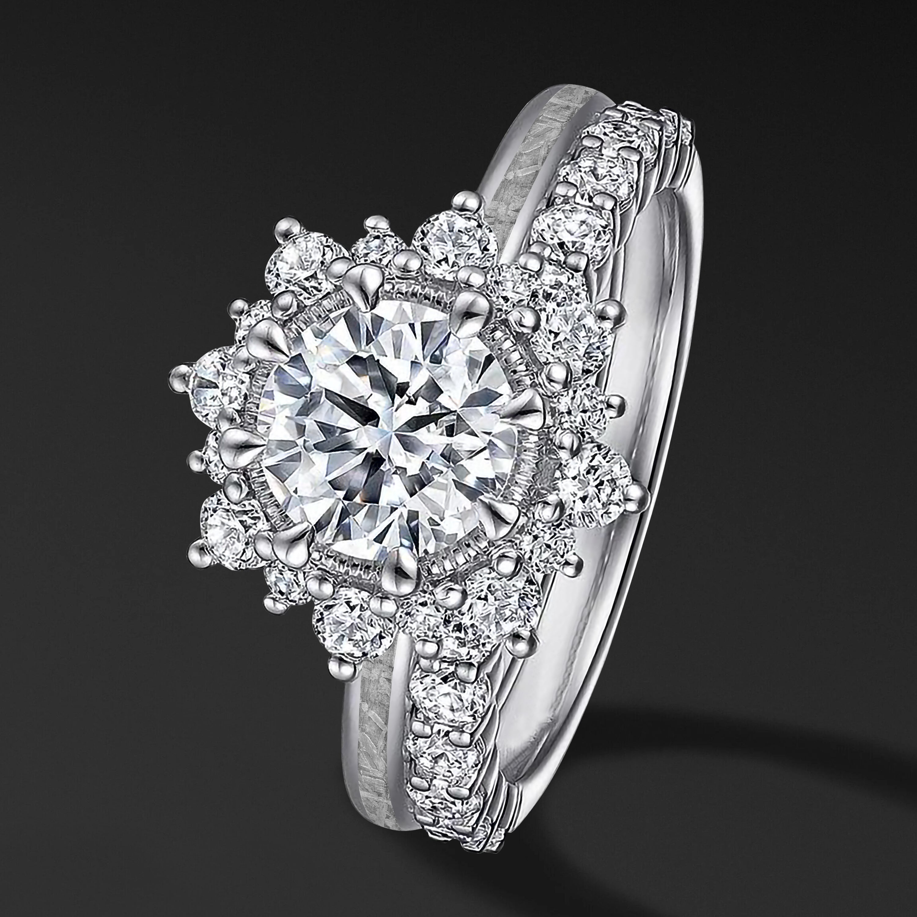 Sun Set – 1 CT Certified Moissanite Engagement Ring | Natural Meteorite | D-color and VVS1 clarity | Halo Design
