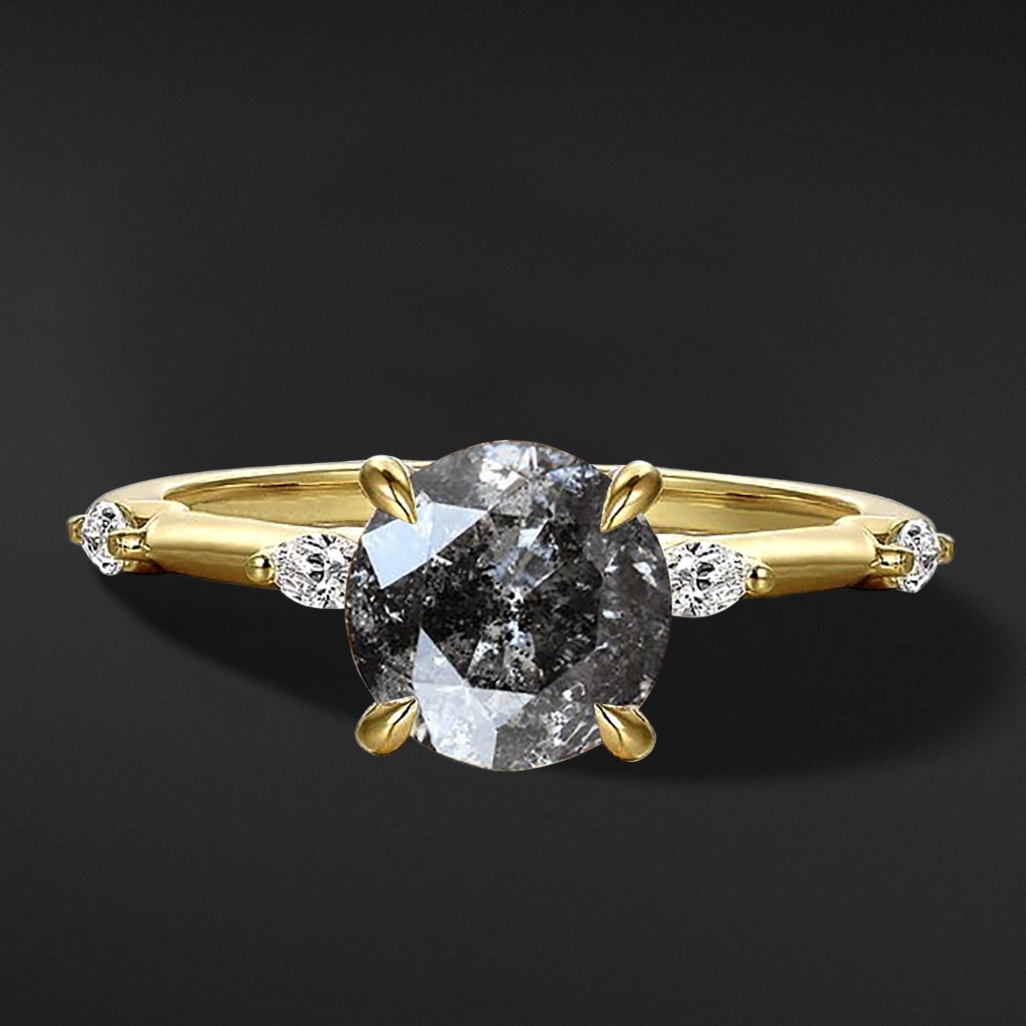 DEMI 14K GOLD ENGAGEMENT RING FOR HER | SALT AND PEPPER ROUND DIAMOND AND NATURAL METEORITE