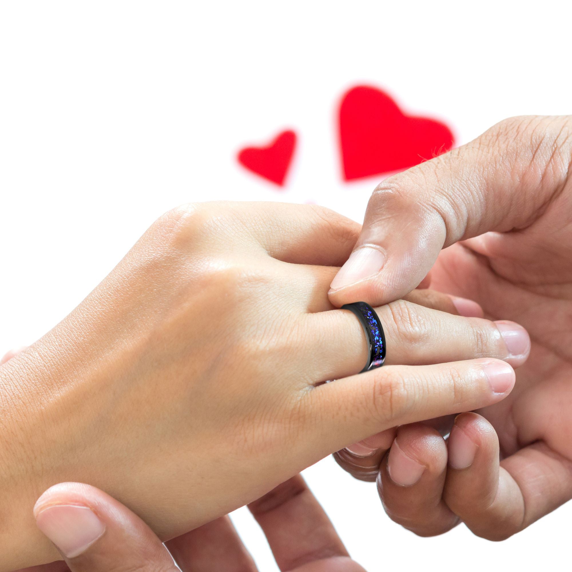 NEBULA Unique Engagement Wedding Rings Set | Natural Meteorite and Opal | Tungsten Wedding Bands for Him & Her