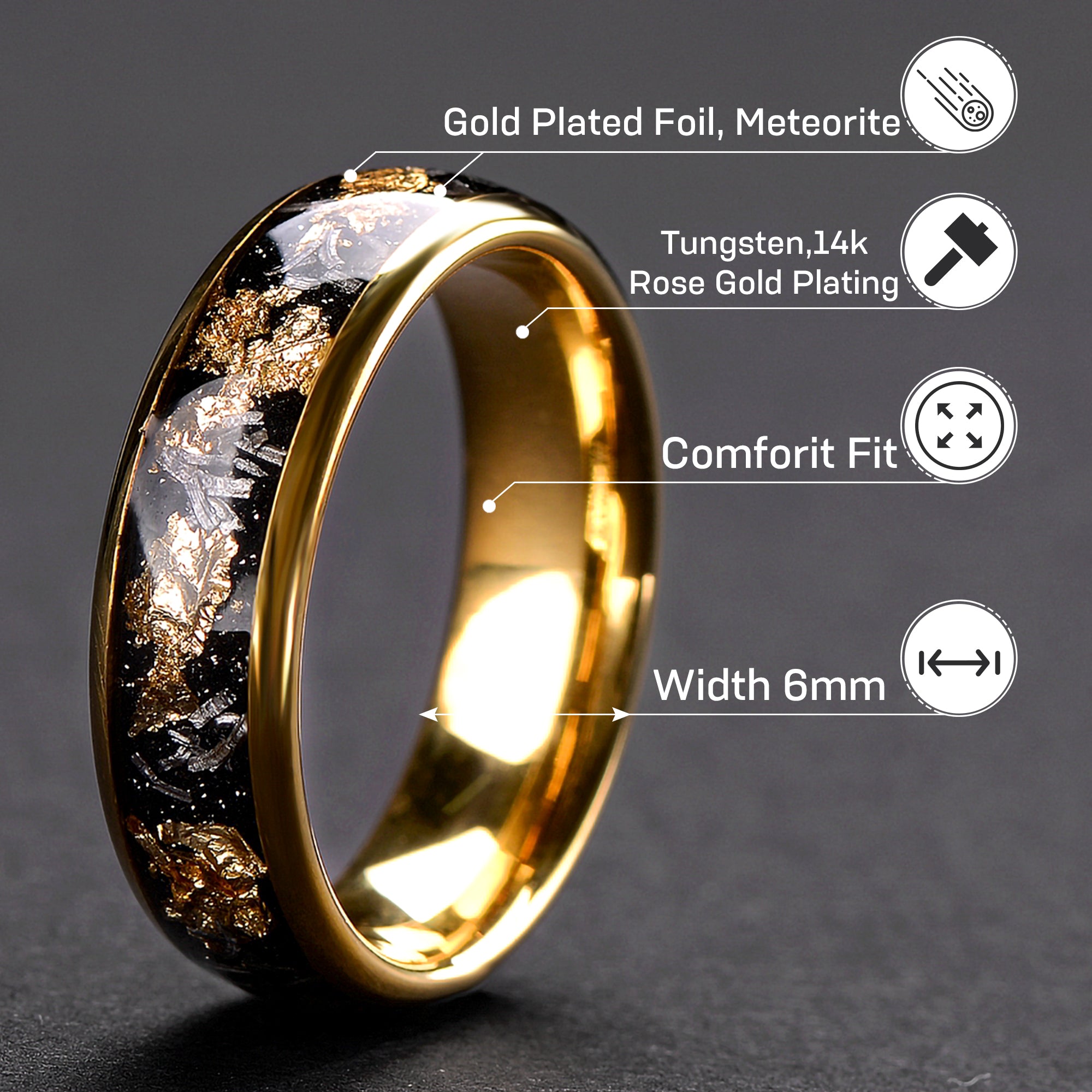 Tungsten Meteorite Ring for Unisex| Gold Plated Wedding Band for Men and Women | 6mm