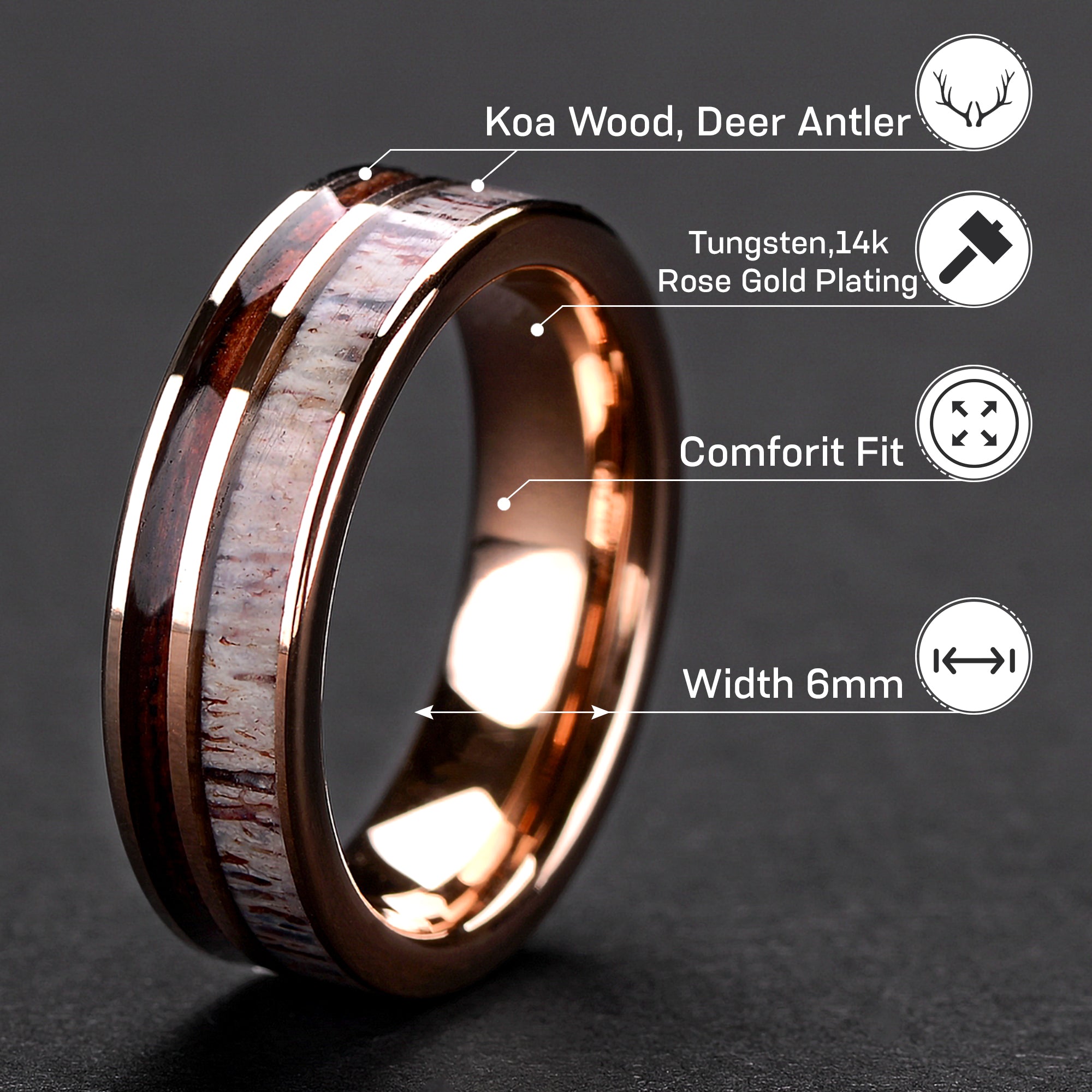 Tungsten Meteorite Ring for Women | Gold Plated Wedding Band | 6mm