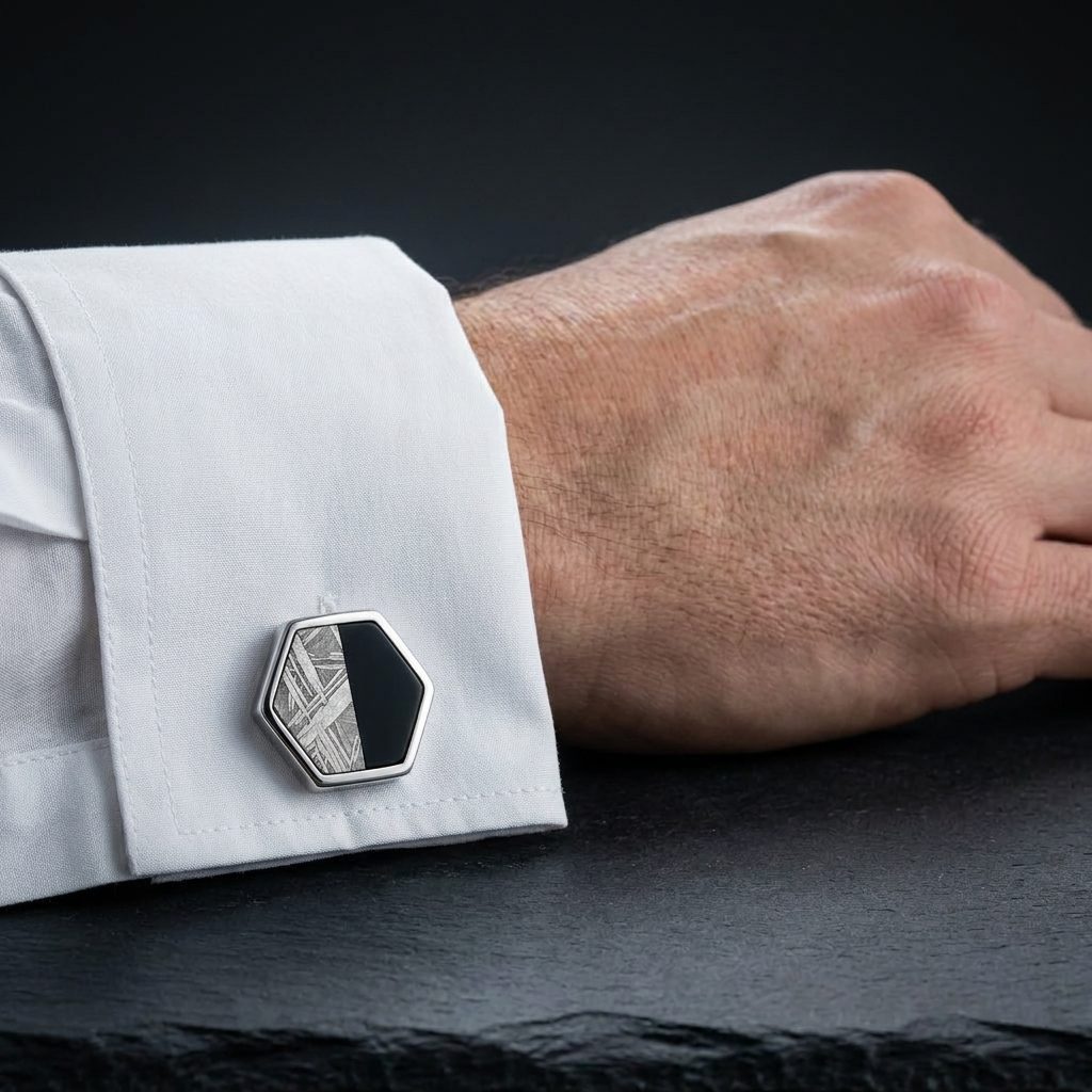 Orion Hexagon - Muonionalusta Meteorite and Black Onyx - Cufflinks