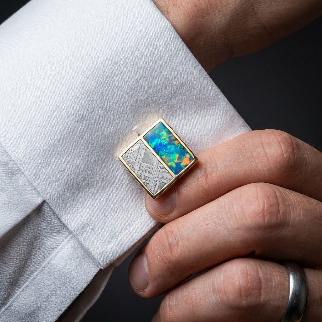 Vega Opal - Muonionalusta Meteorite and Fire Opal - Cufflinks