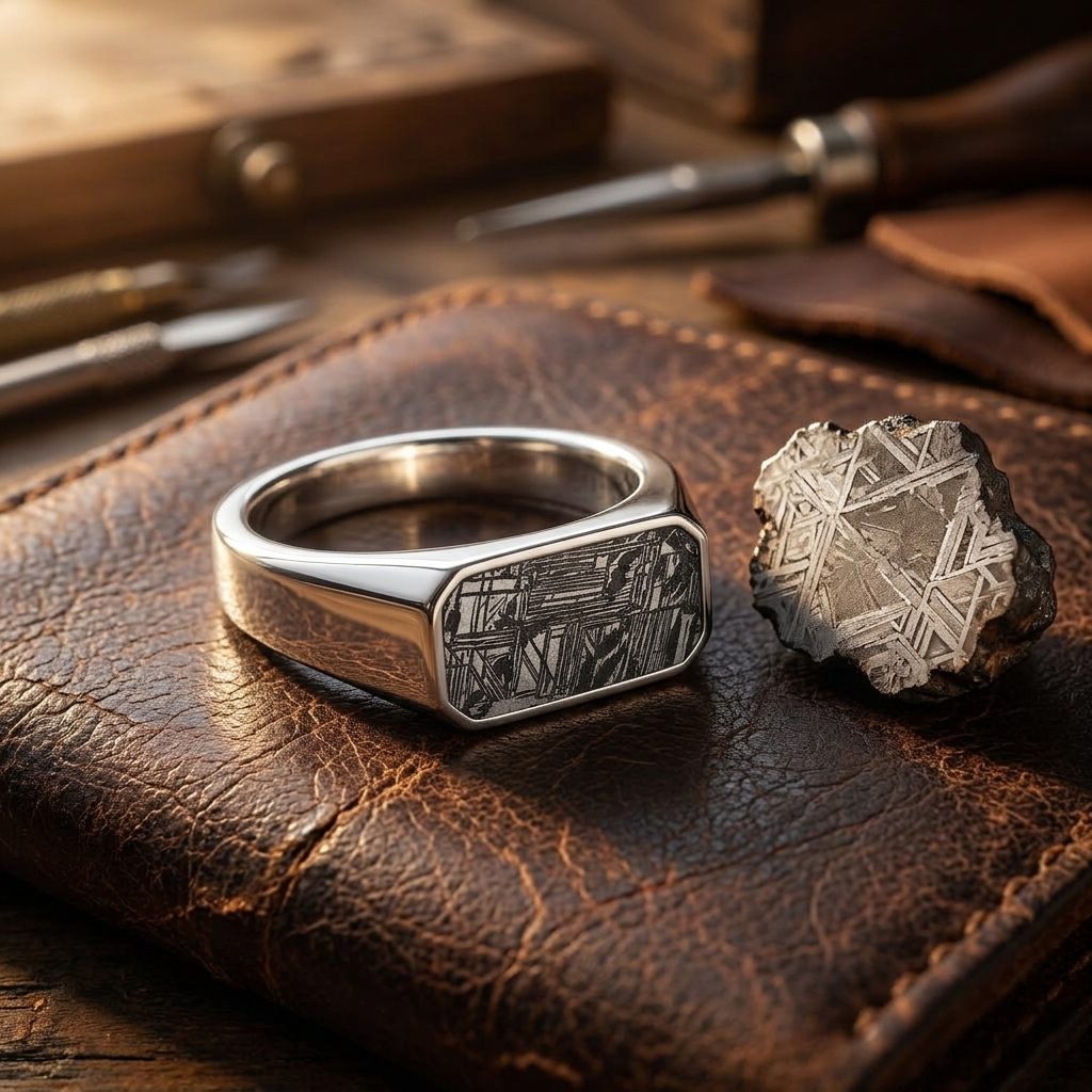 Slate - Black Aletai Meteorite - Slim Signet Ring