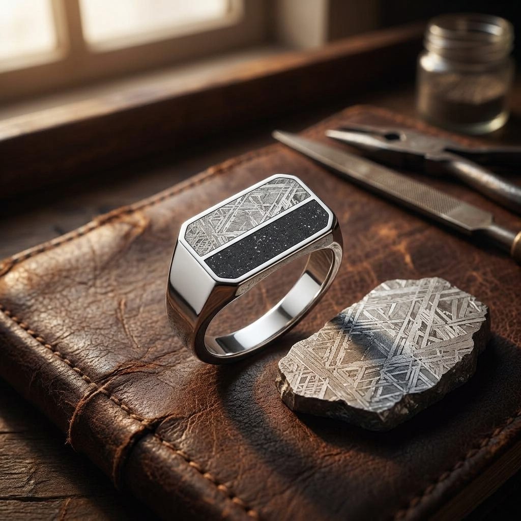 Tide Line - Muonionalusta & Lunar Meteorite - Slim Signet Ring