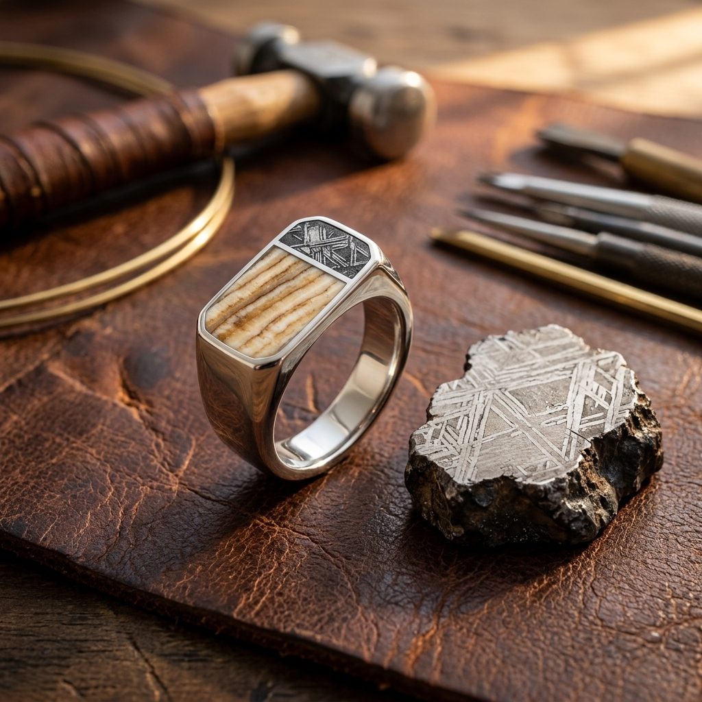 Two Thirds - Mammoth Tooth & Aletai Meteorite - Slim Signet Ring