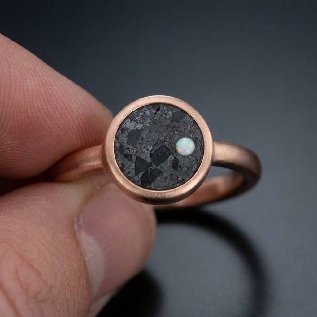 Selena - Lunar Meteorite and Opal - Signet Ring — macro_face