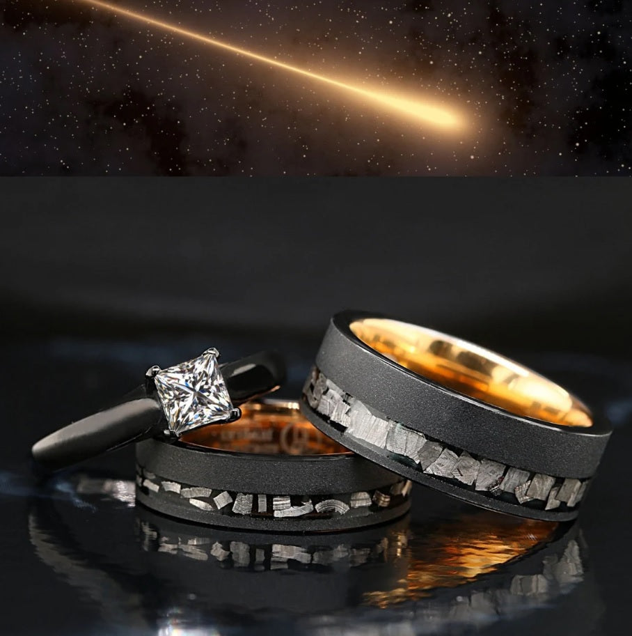 DarkStar - Meteorite Engagement Wedding Rings 3pc | Tungsten & Meteorite His and Hers Wedding Rings Sets