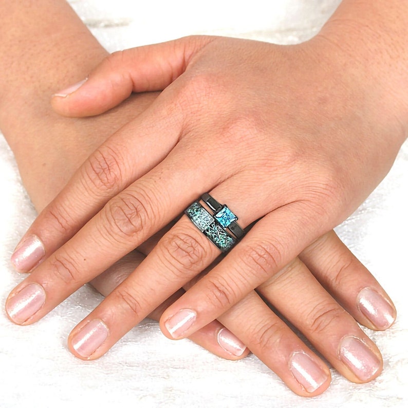Night Sky Set - Stainless Steel with Black Plating Ring Set for Women | Cubic Zirconia Faux Diamond Engagement Ring | Natural Blue Opal chips Real Meteorite Inlay