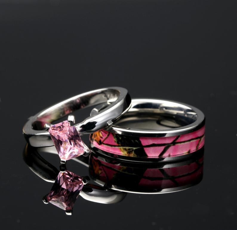 2 pc Pink Camo Wedding Ring Set Stainless Steel and 925 Sterling Silver