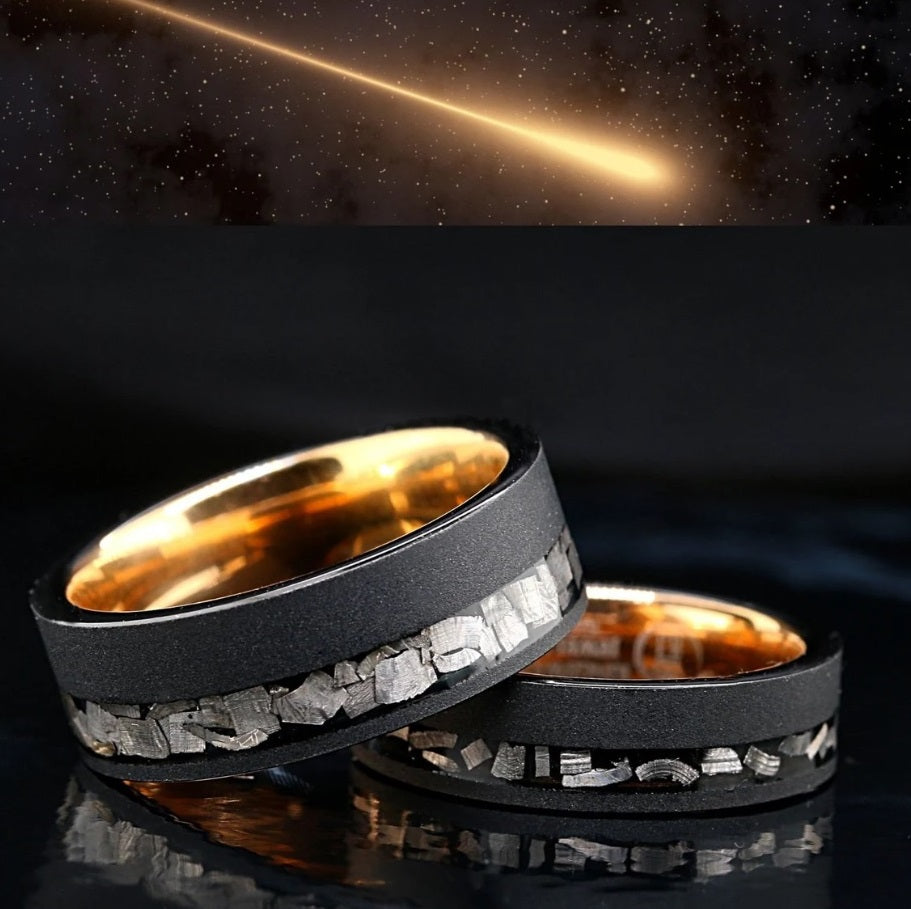 DarkStar - Meteorite Engagement Wedding Rings 3pc | Tungsten & Meteorite His and Hers Wedding Rings Sets