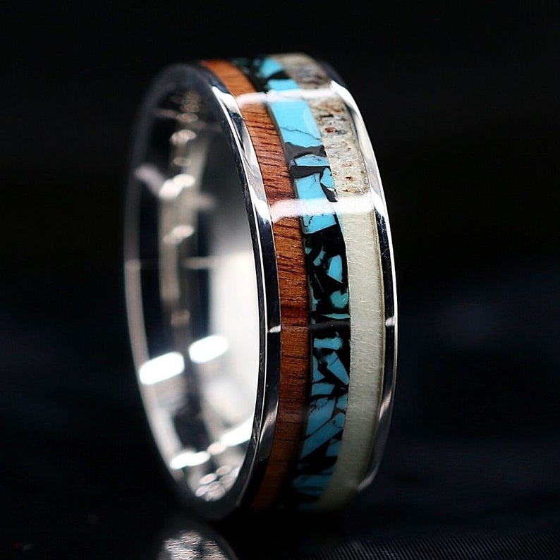 Stainless Steel Deer Antler Band Turquoise and Koa Wood Ring