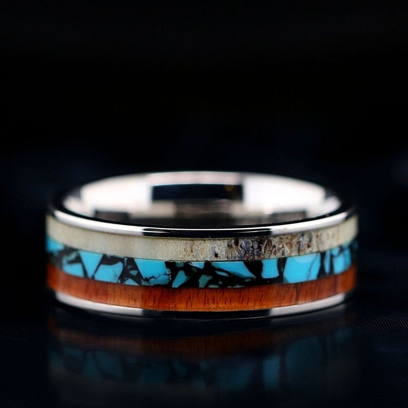 Stainless Steel Deer Antler Band Turquoise and Koa Wood Ring