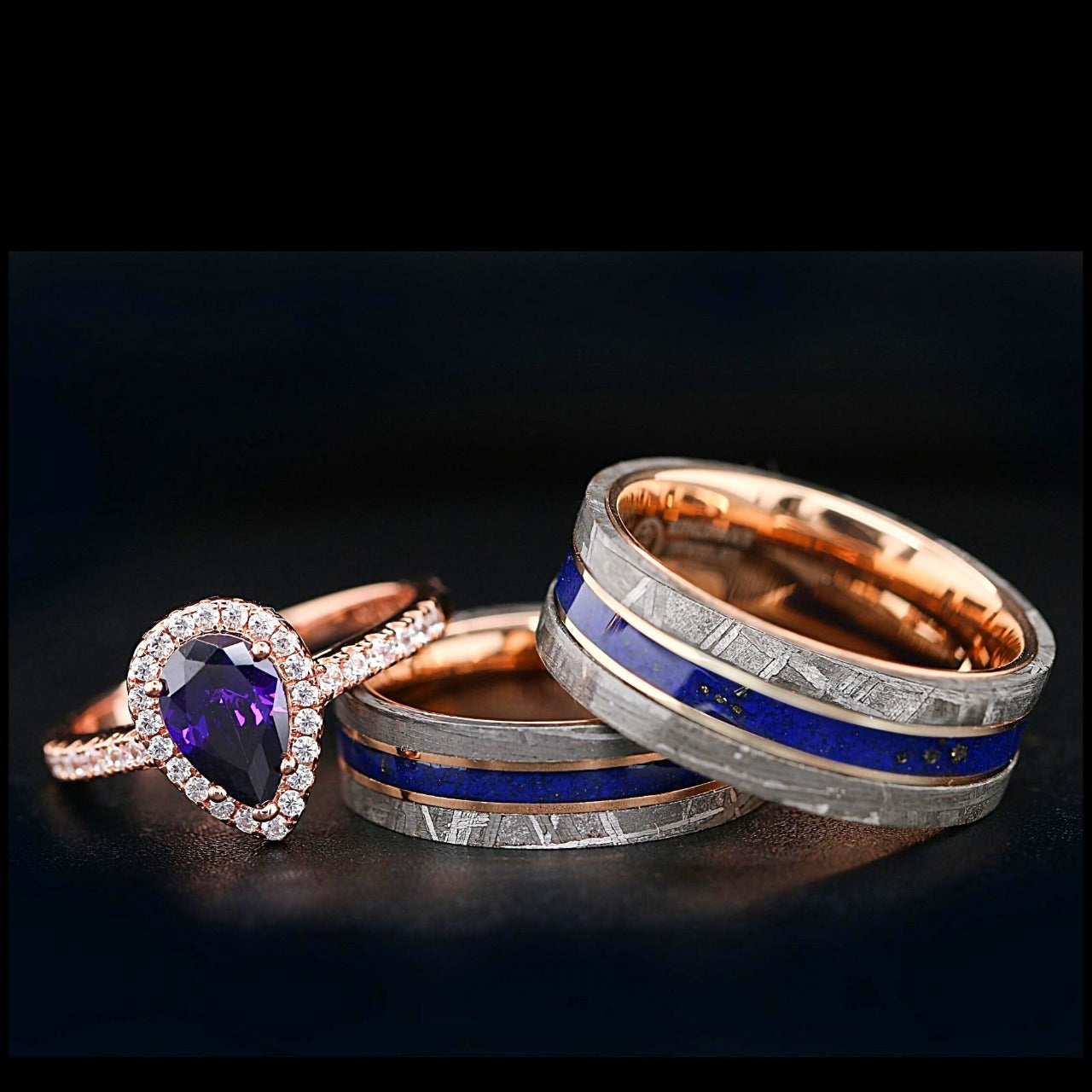 Meteor Pear - 3 pcs Couple Engagement Ring Set | Gold Plated Ring for Women | Meteorite Wedding Bands for Him & Her