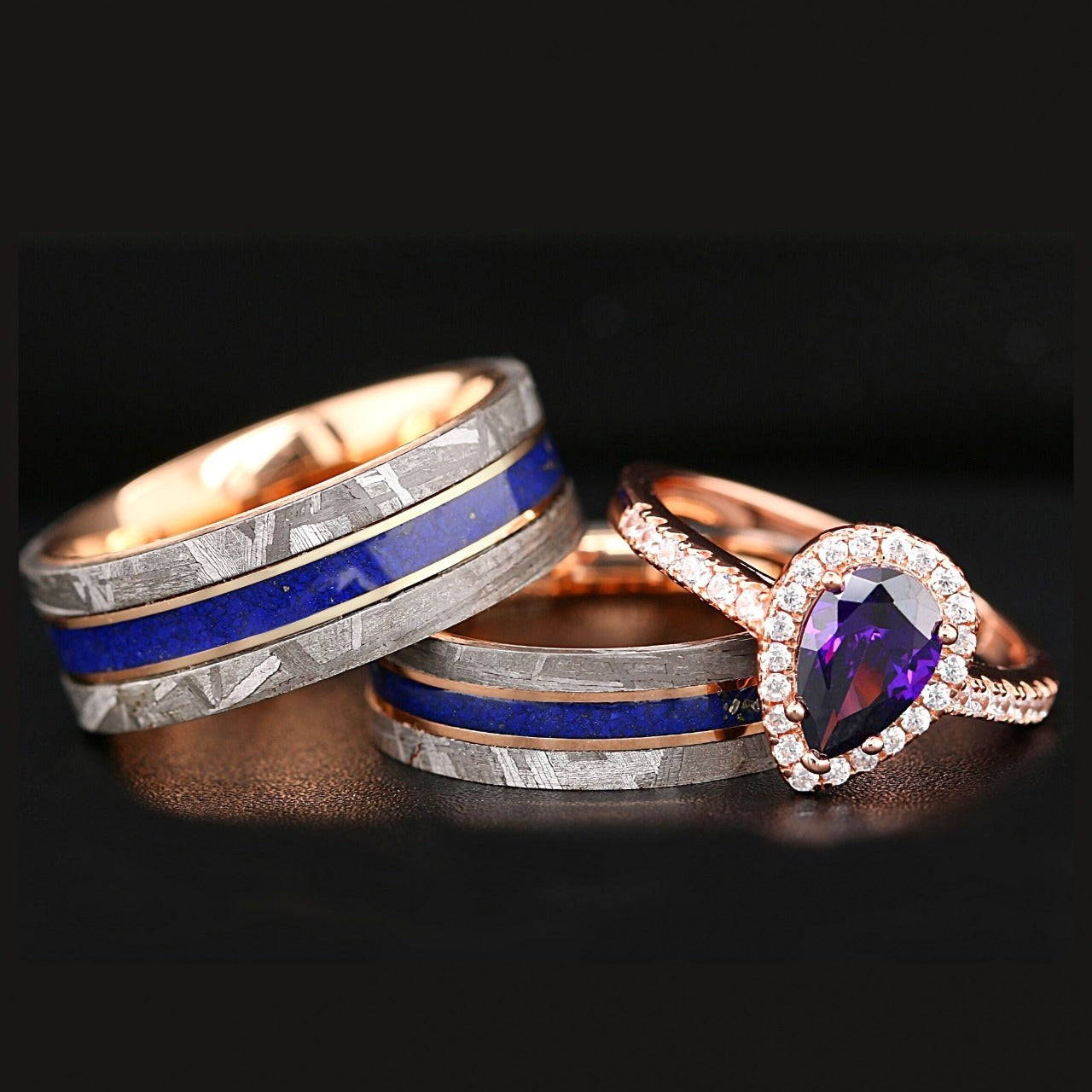 Meteor Pear - 3 pcs Couple Engagement Ring Set | Gold Plated Ring for Women | Meteorite Wedding Bands for Him & Her