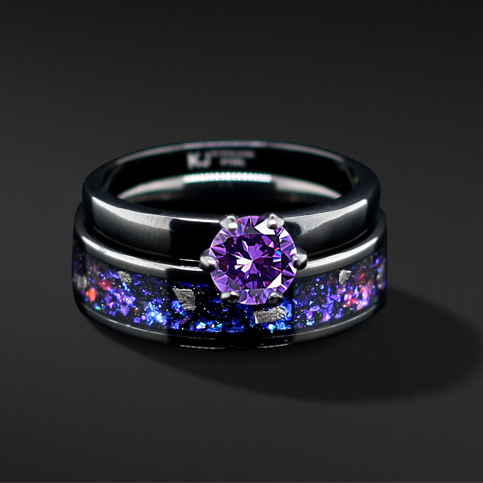 NEBULA Unique Engagement Wedding Rings Set | Natural Meteorite and Opal | Tungsten Wedding Bands for Him & Her
