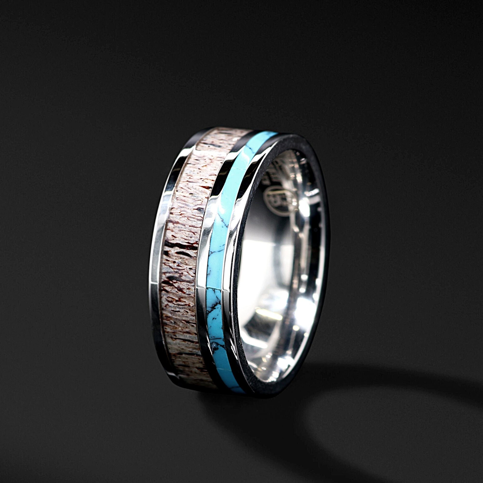 Turquoise Antler Harmony - 3 PCs Engagement Ring Band Set | Deer Antler & Turquoise Ring for Women | Stainless Steel Wedding Bands