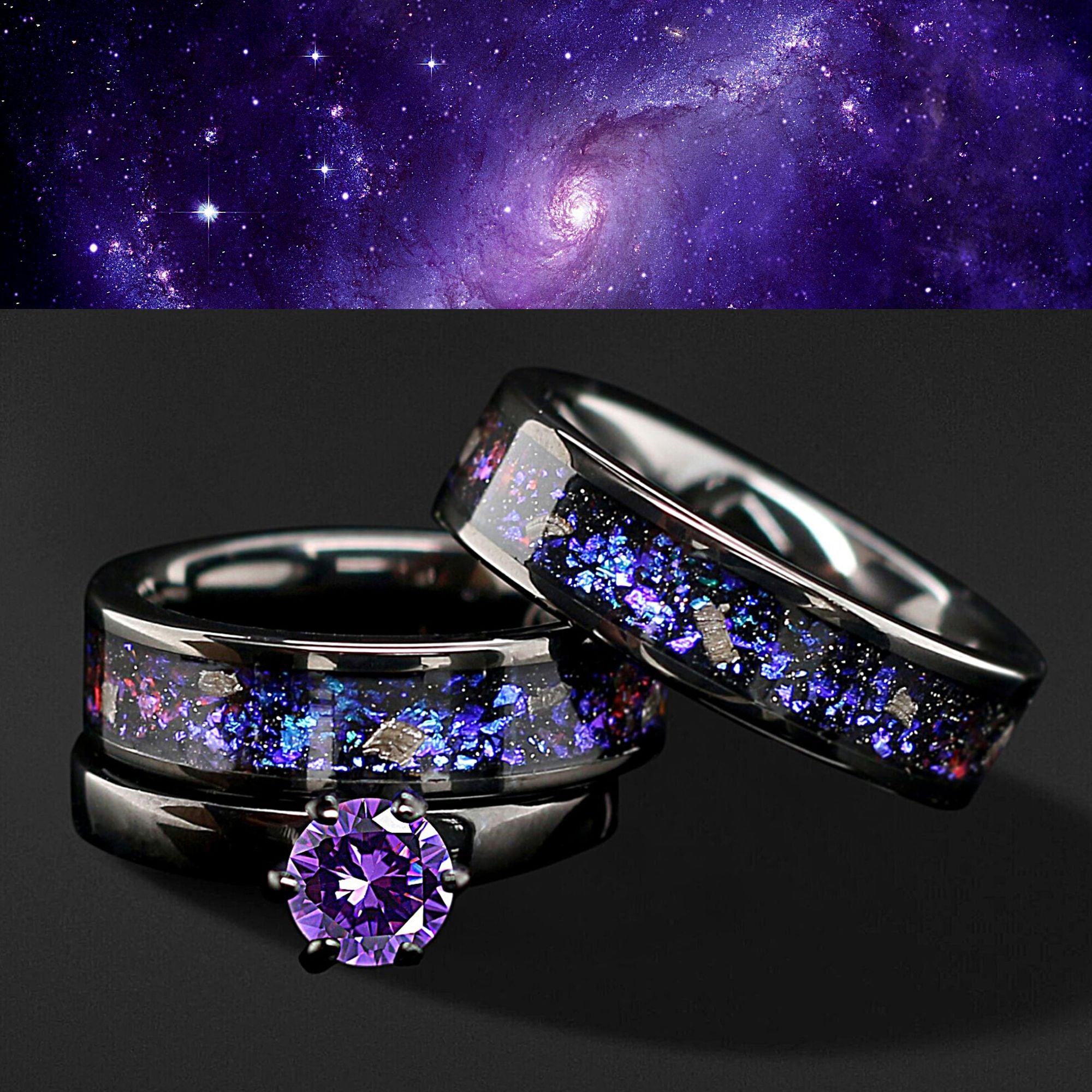 NEBULA Unique Engagement Wedding Rings Set | Natural Meteorite and Opal | Tungsten Wedding Bands for Him & Her