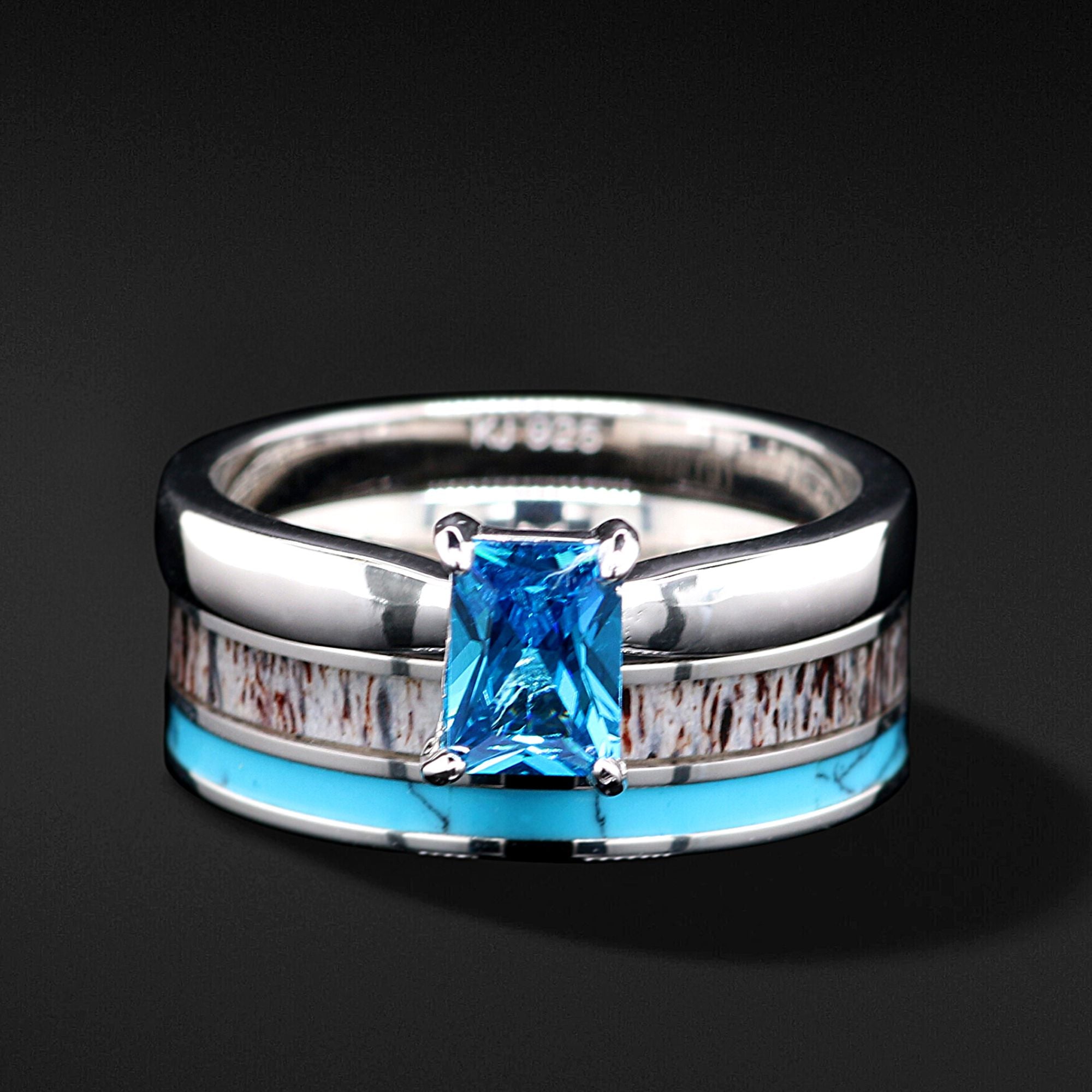 Infinity Embrace Set - Stainless steel 2 pc Ring Set for Women | radiant cut cubic zirconia Engagement Ring | Deer antler | Turquoise inlay