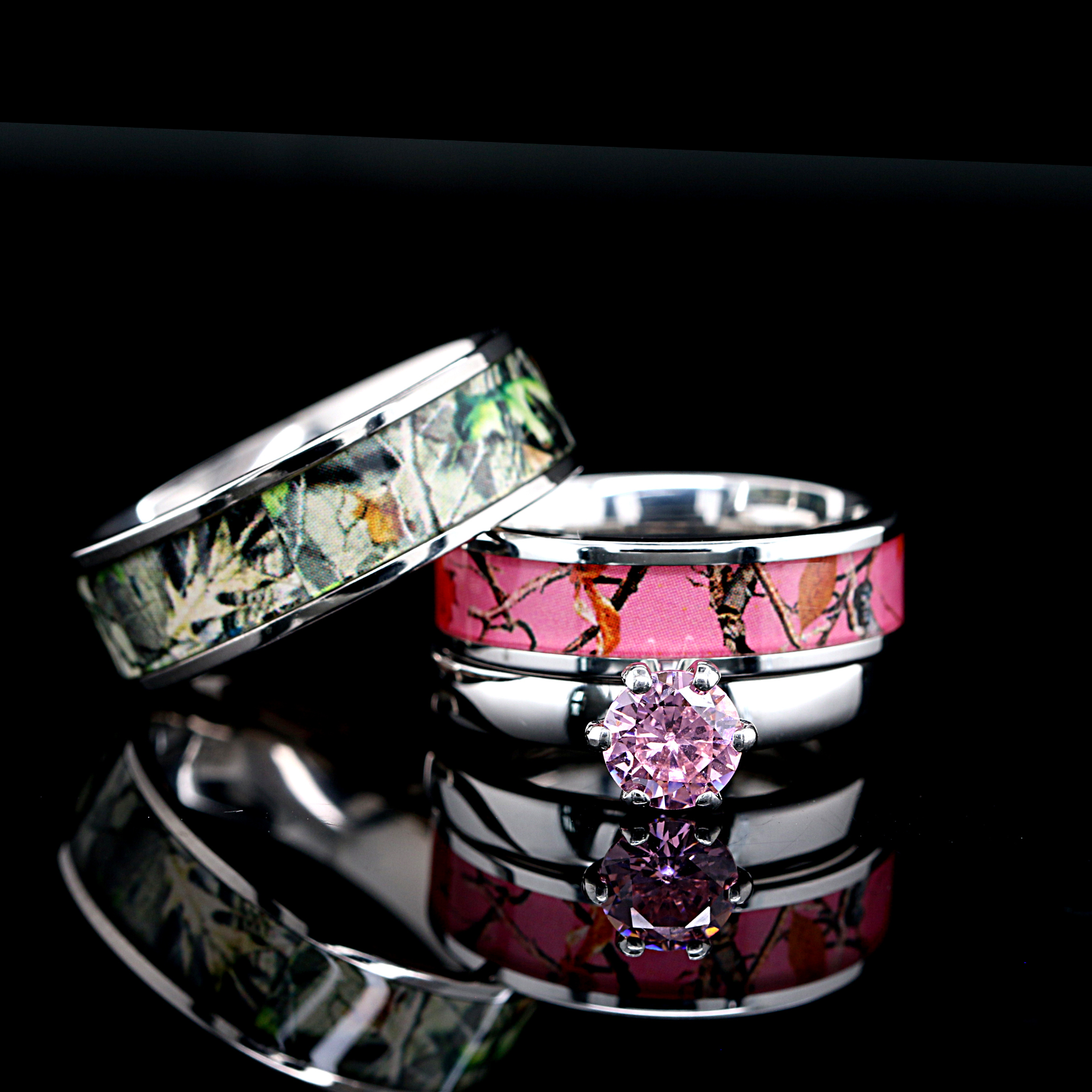 Rose Camo Bond Set - 3 piece His & Her Pink Camo Wedding Ring Set Stainless Steel and Titanium Engagement Rings