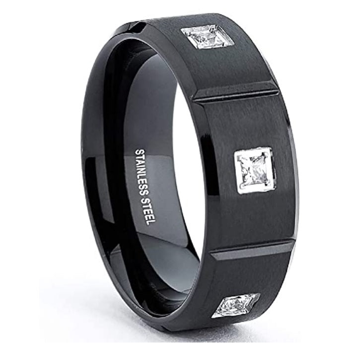 Black Stainless Steel Ring for Men | cubic zirconia Wedding Band for Men | 8mm