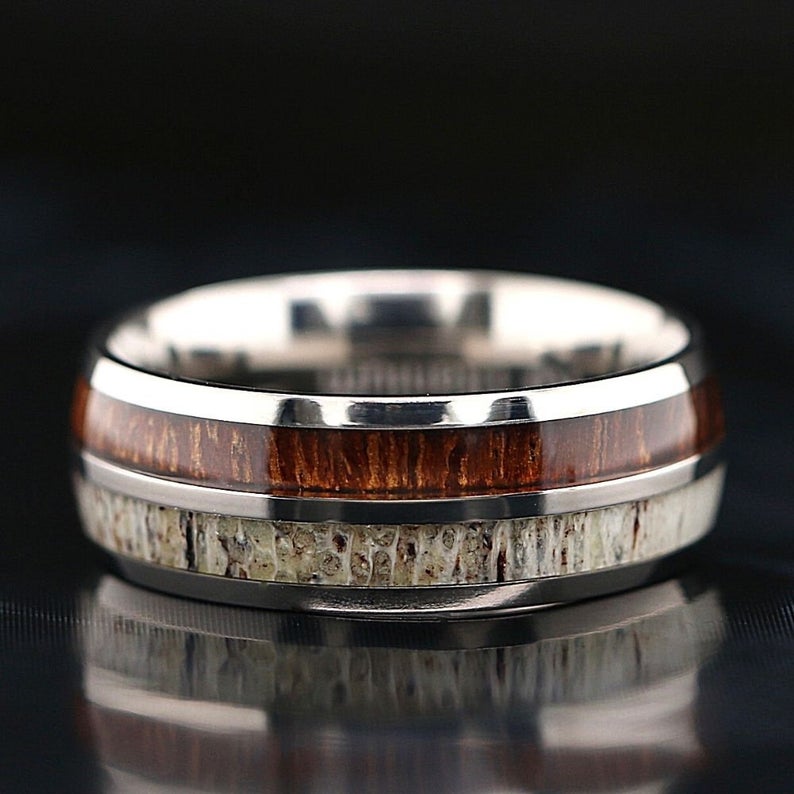 Titanium Deer Antler Ring with Koa Wood Inlay - Unisex Wedding Band