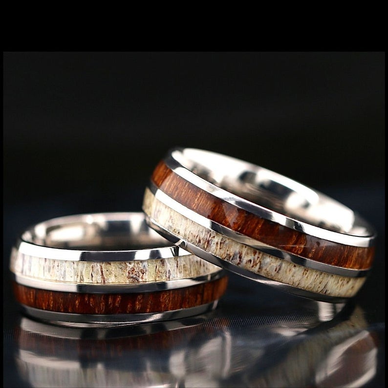 Titanium Deer Antler Ring with Koa Wood Inlay - Unisex Wedding Band